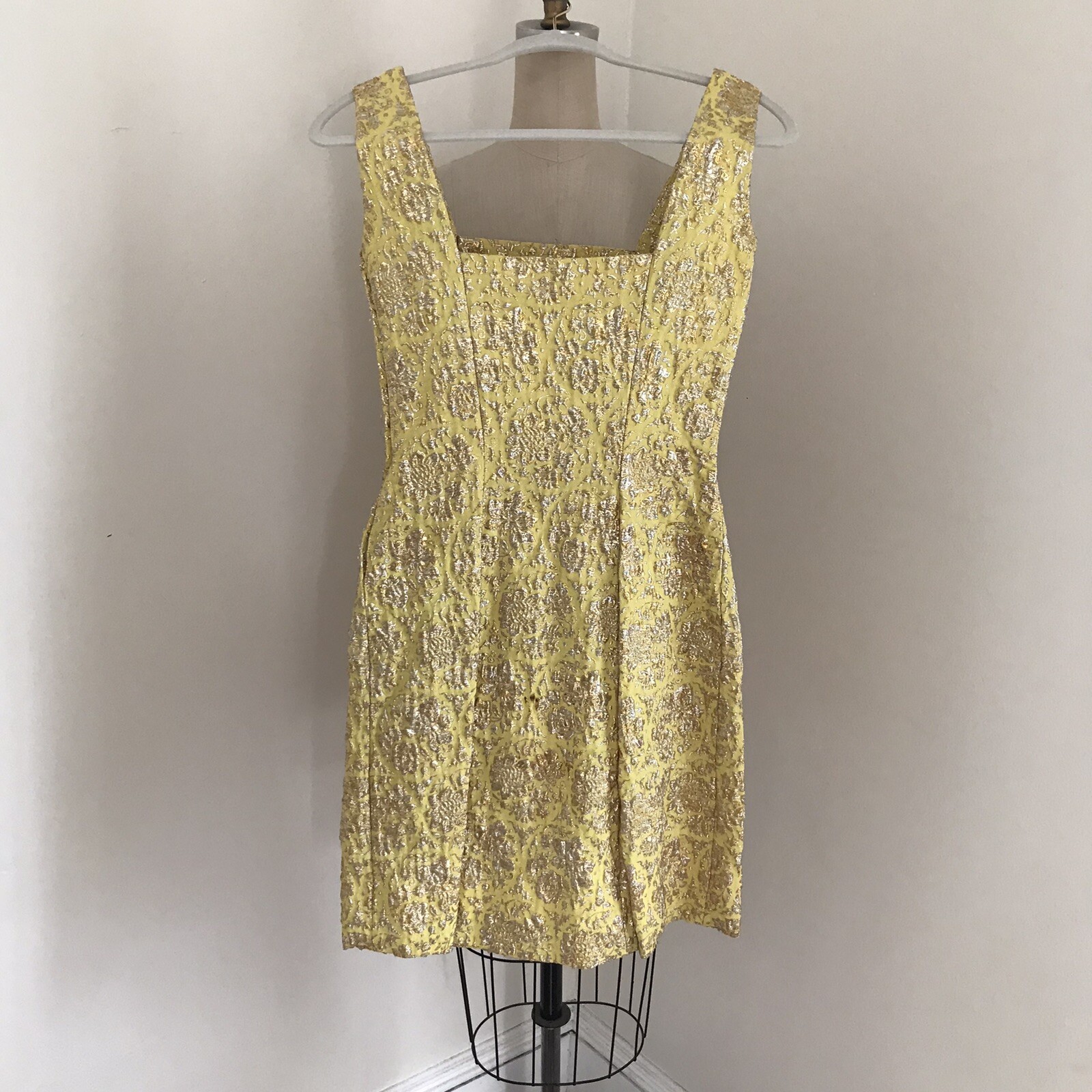 Vintage Brocade Gown Mini Dress Jacket Yellow Gold and silver Metallic 3pcs. XS