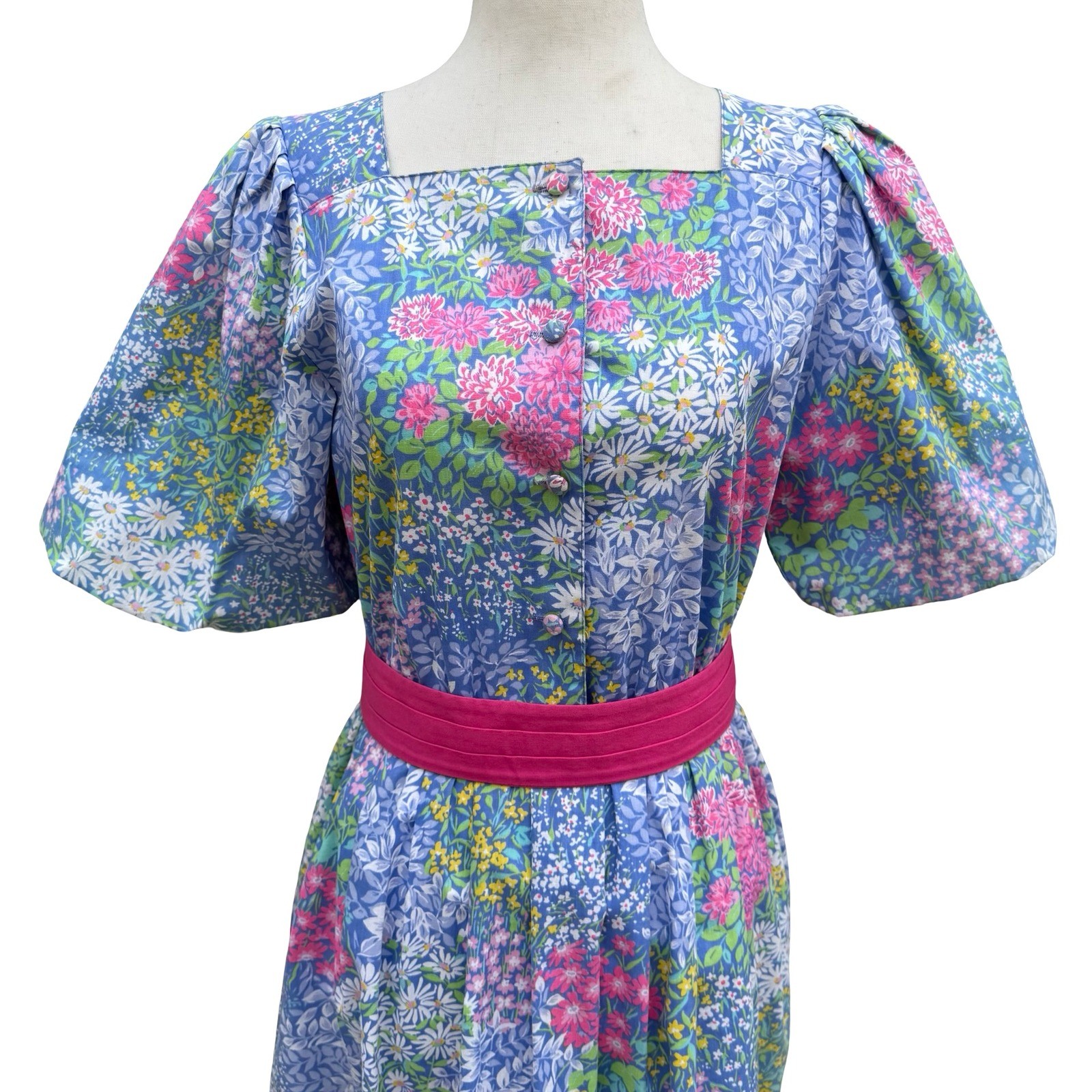 Petites by Willi Vintage Floral Puff Sleeve Midi Dress Blue Pink Size 4 USA Made