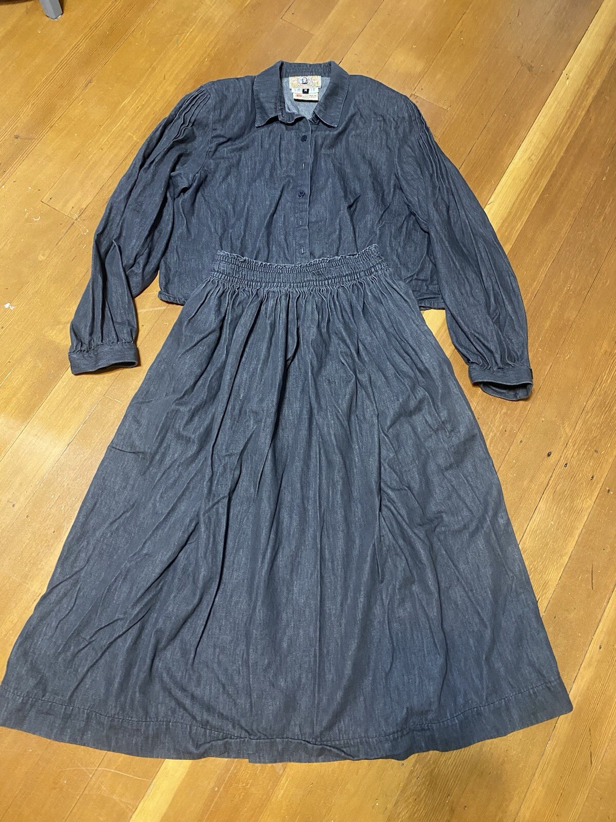 Vtg 80s Gene Ewing Bis Wrinkled Rich Dark Denim Maxi Skirt & Set I Magnum M