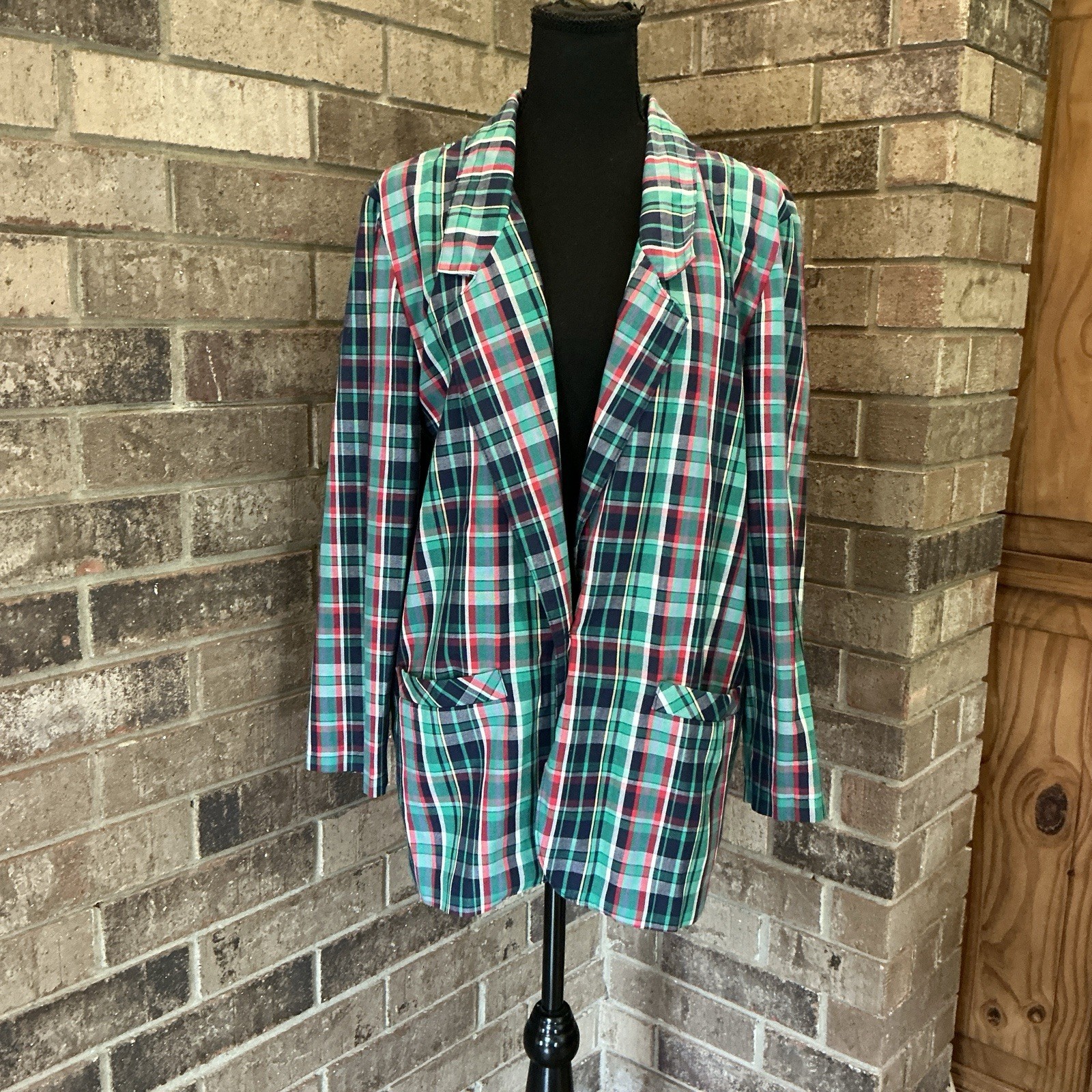 VTG Alfred Dunner Womens 10 Plaid Blazer USA Madras Green Blue Red Jacket #22E4