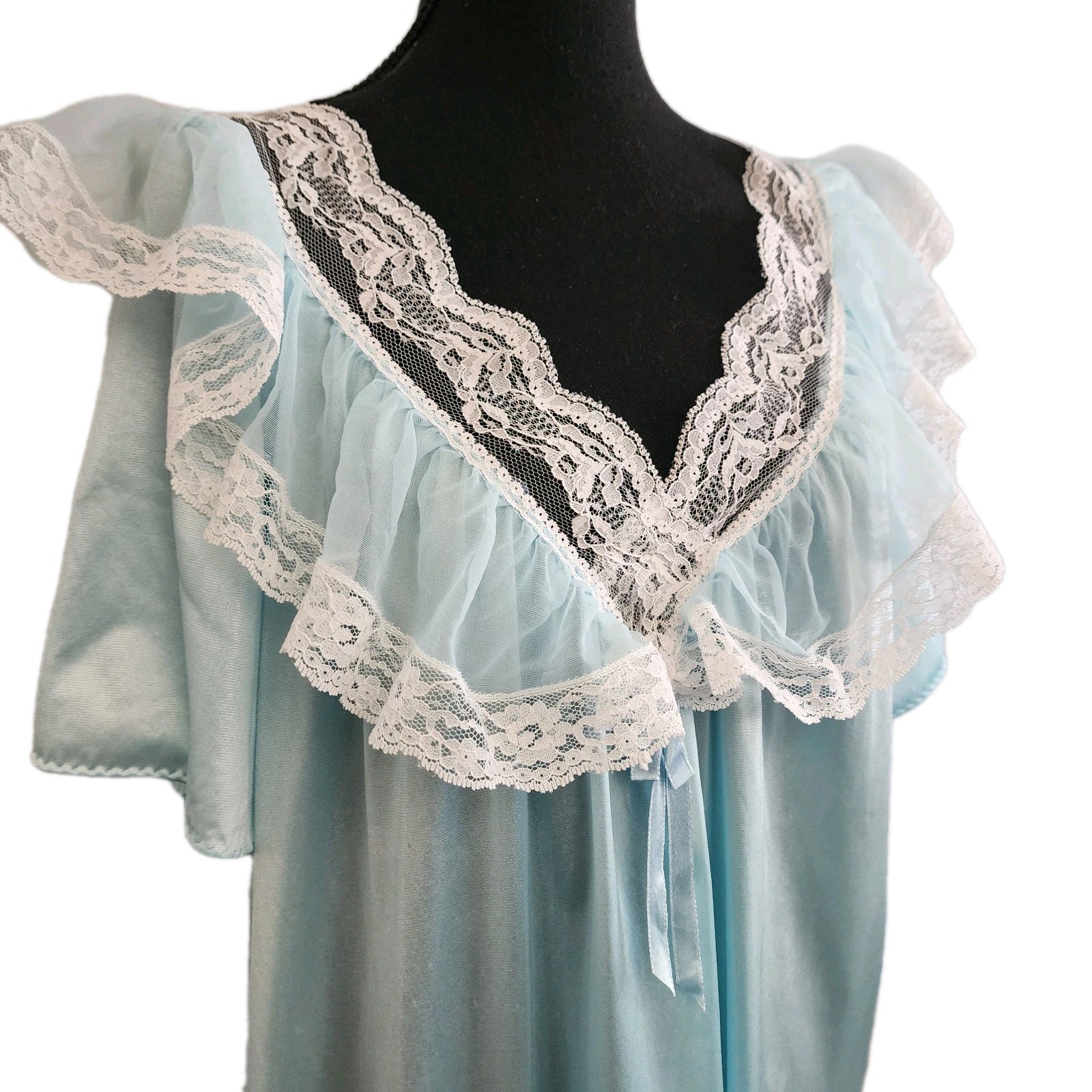 Vintage 80s Romantic Moods Nylon Nightgown Lace Trim Blue Ruffle SZ M Cottagecor