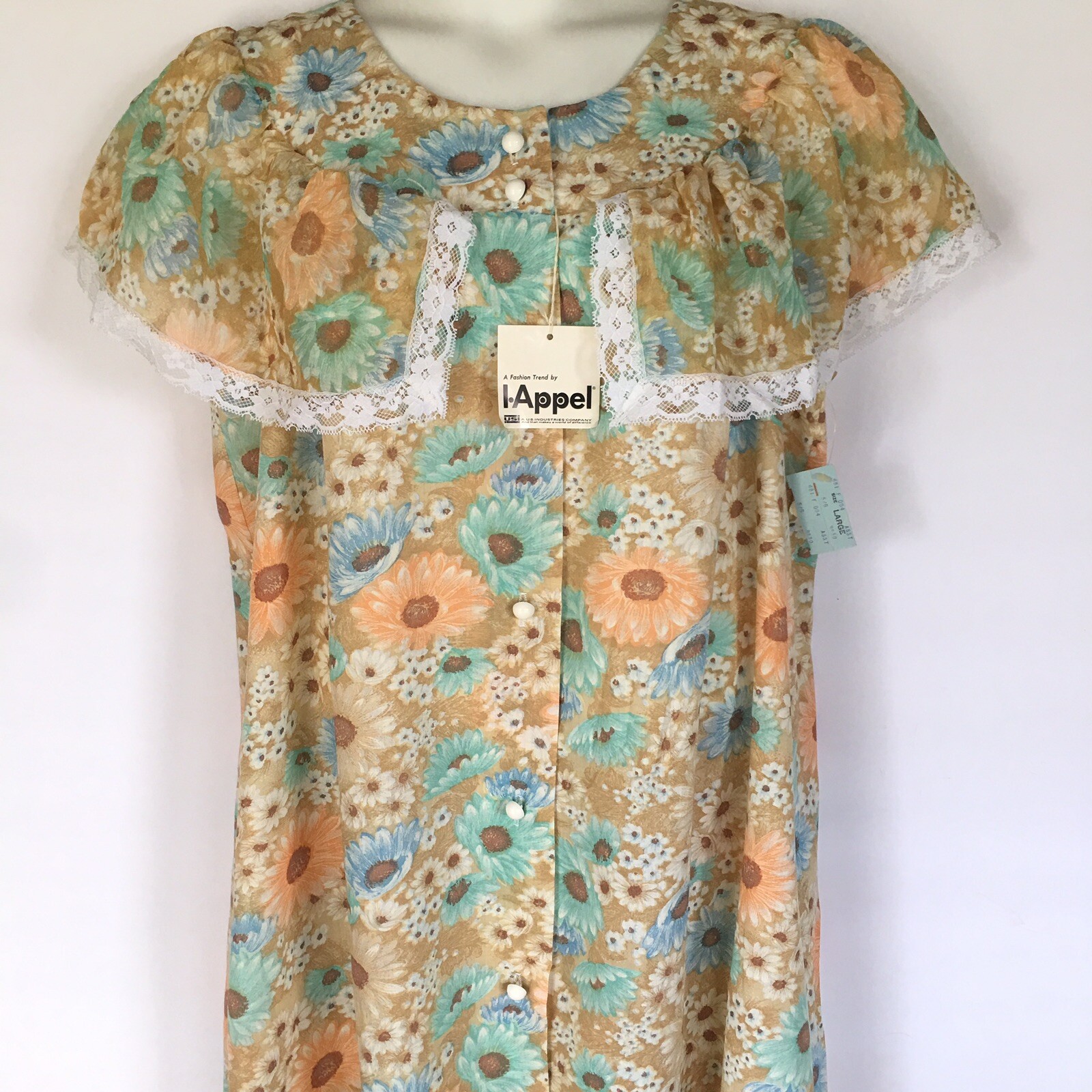Vtg I Appel Housedress Loungewear Sz L Floral Daisy Print ILGWU NOS Cotton Poly