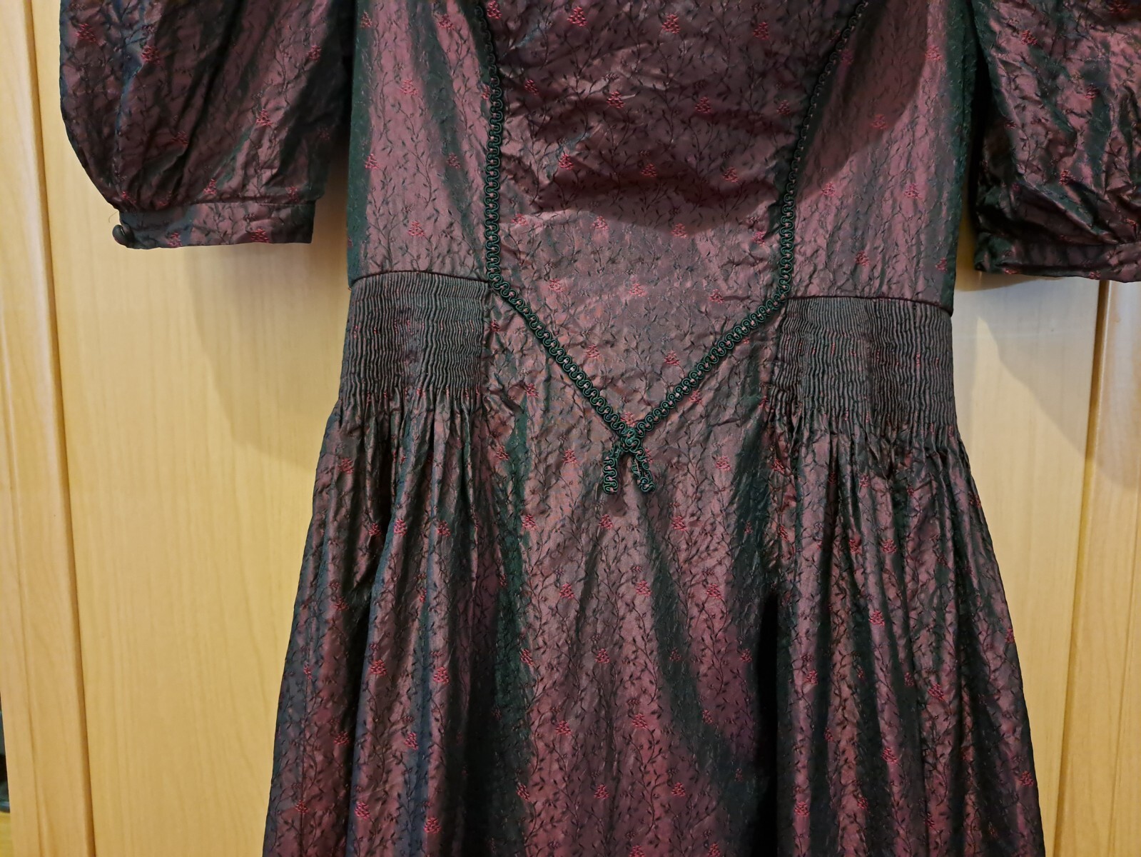 Vtg Edwardian Revival Gothic Burgundy Dress S C-D Bust Silk Blend Puff Sleeves