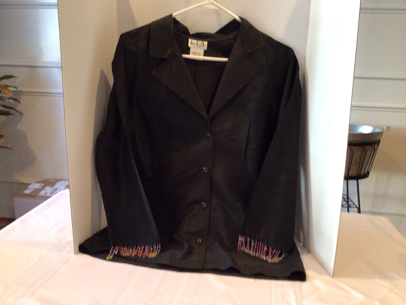 LIA Blouse /Jacket, Woman’s Large , Beaded Sleeve Edges, Black, Runs Small, Vtg
