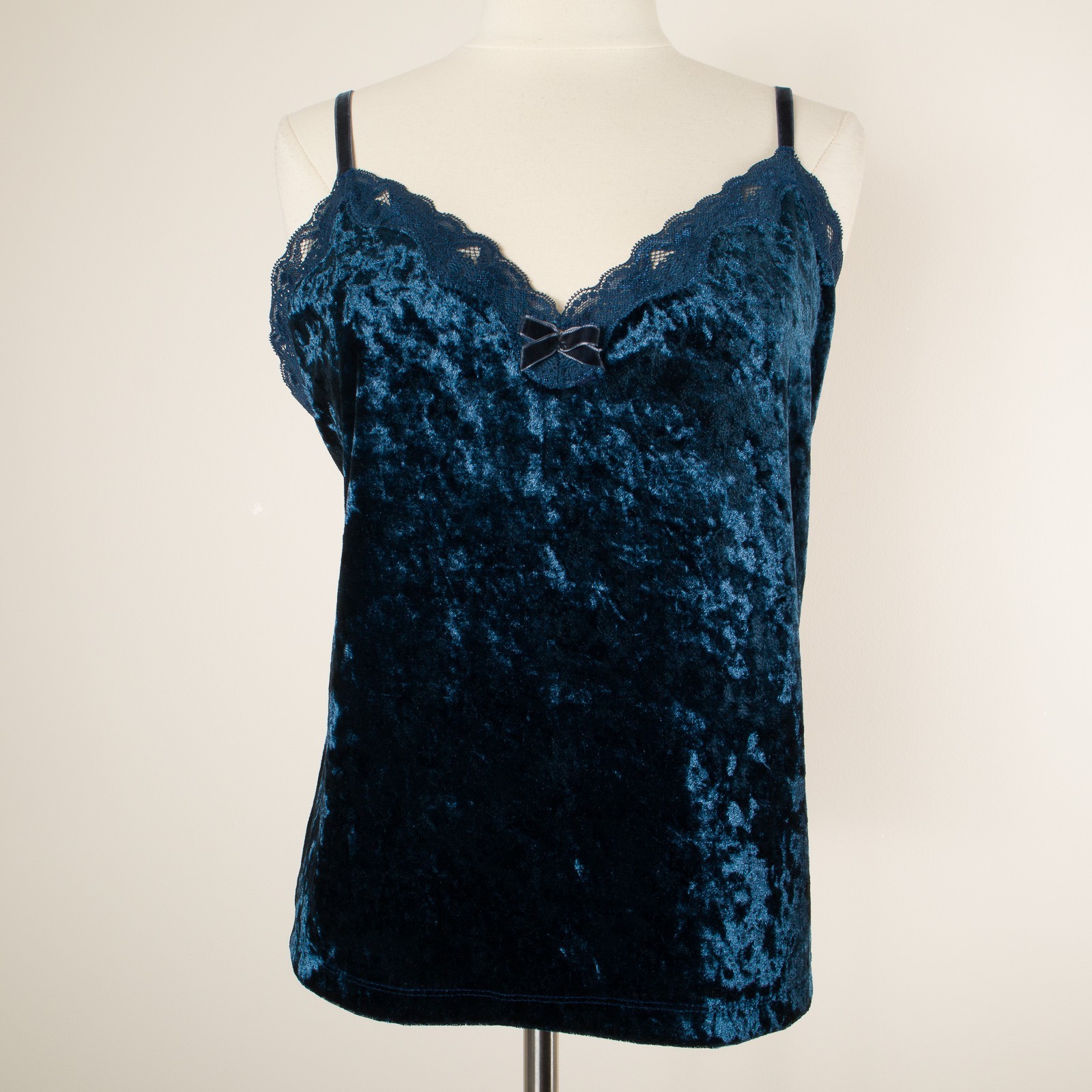 💖 GEORGE SLEEPWEAR Cami Tank Top Blue L Crushed Velvet Lace Babydoll 90s Goth