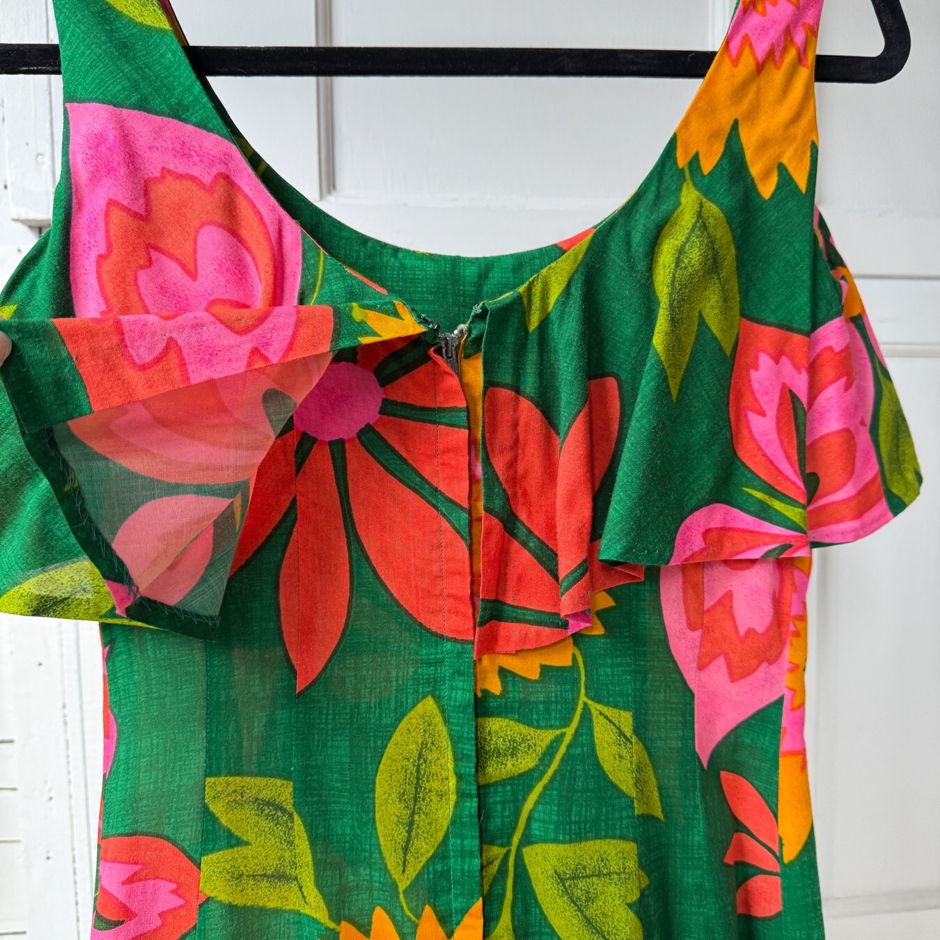 Vintage 70s Sydney Honolulu Green Butterfly Flower Print Mermaid Maxi Dress Sz S