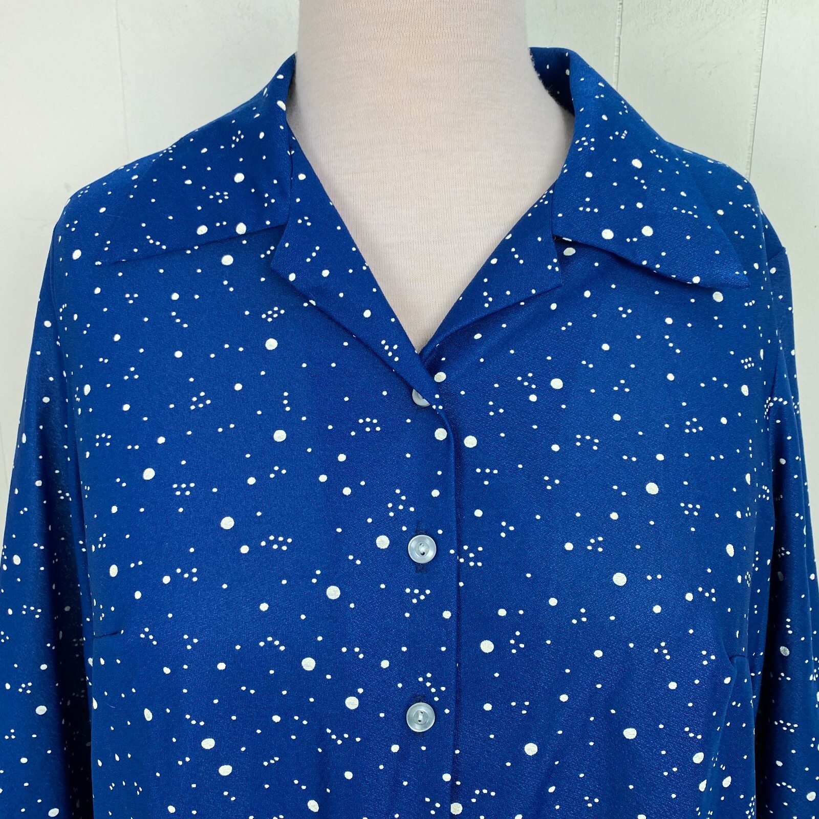 Vintage 70s Polyester Royal Blue & White Polka Dot Button Down Shirt