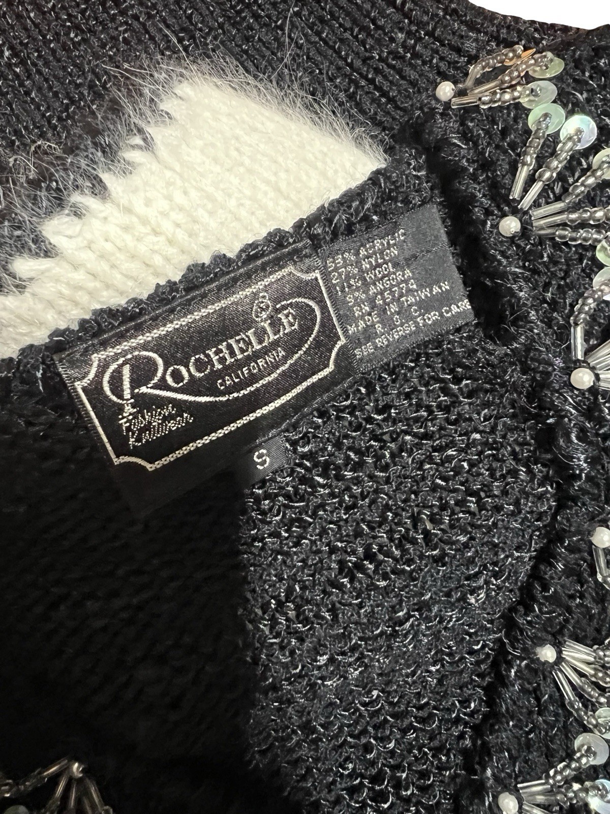 VTG 80s Rochelle Angora Sweater Beaded Sequin Collar Soft Fuzzy Black Cream Sz S