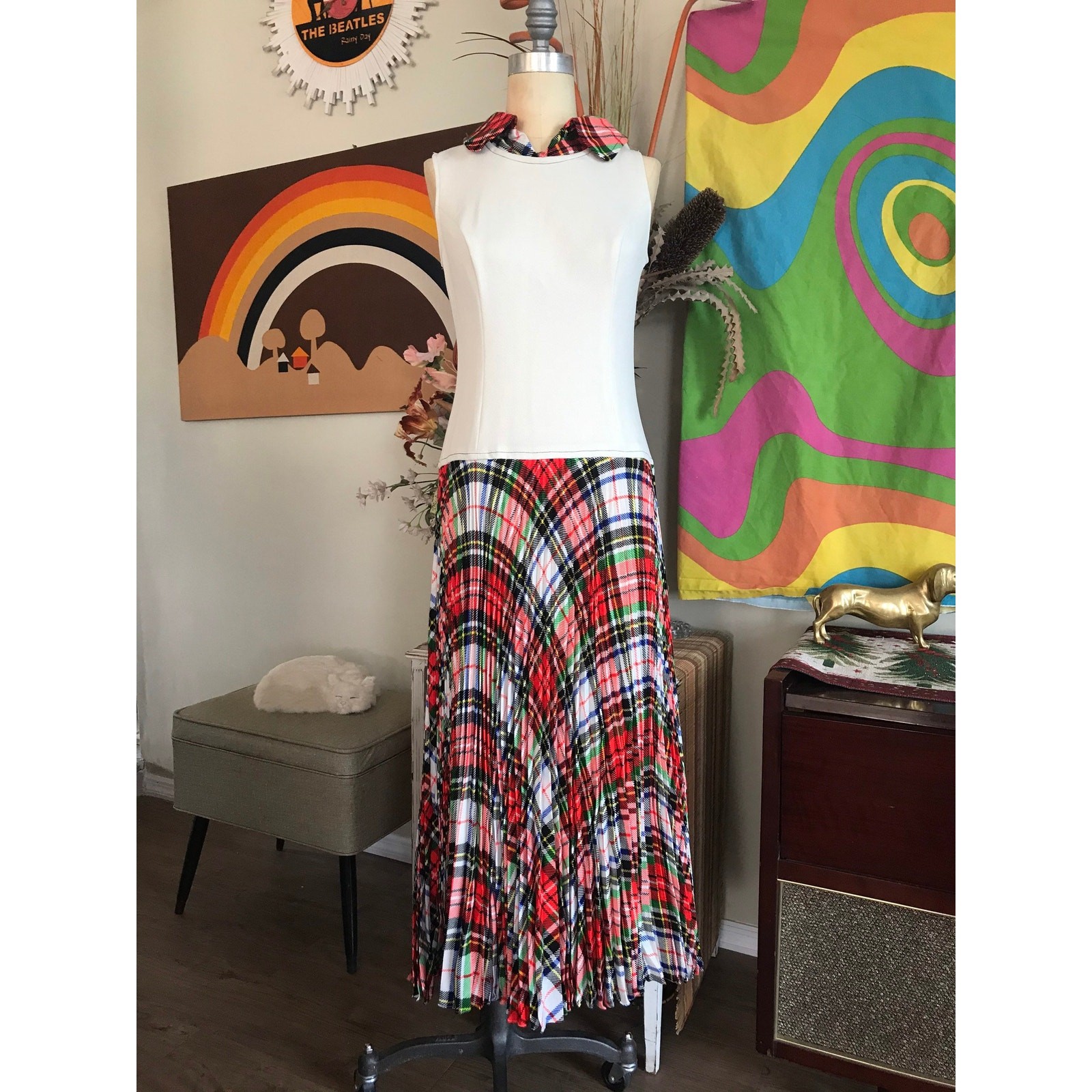 Vintage 1970s Plaid Drop Waist Maxi Dress Red Tartan Beige Polyester Boho