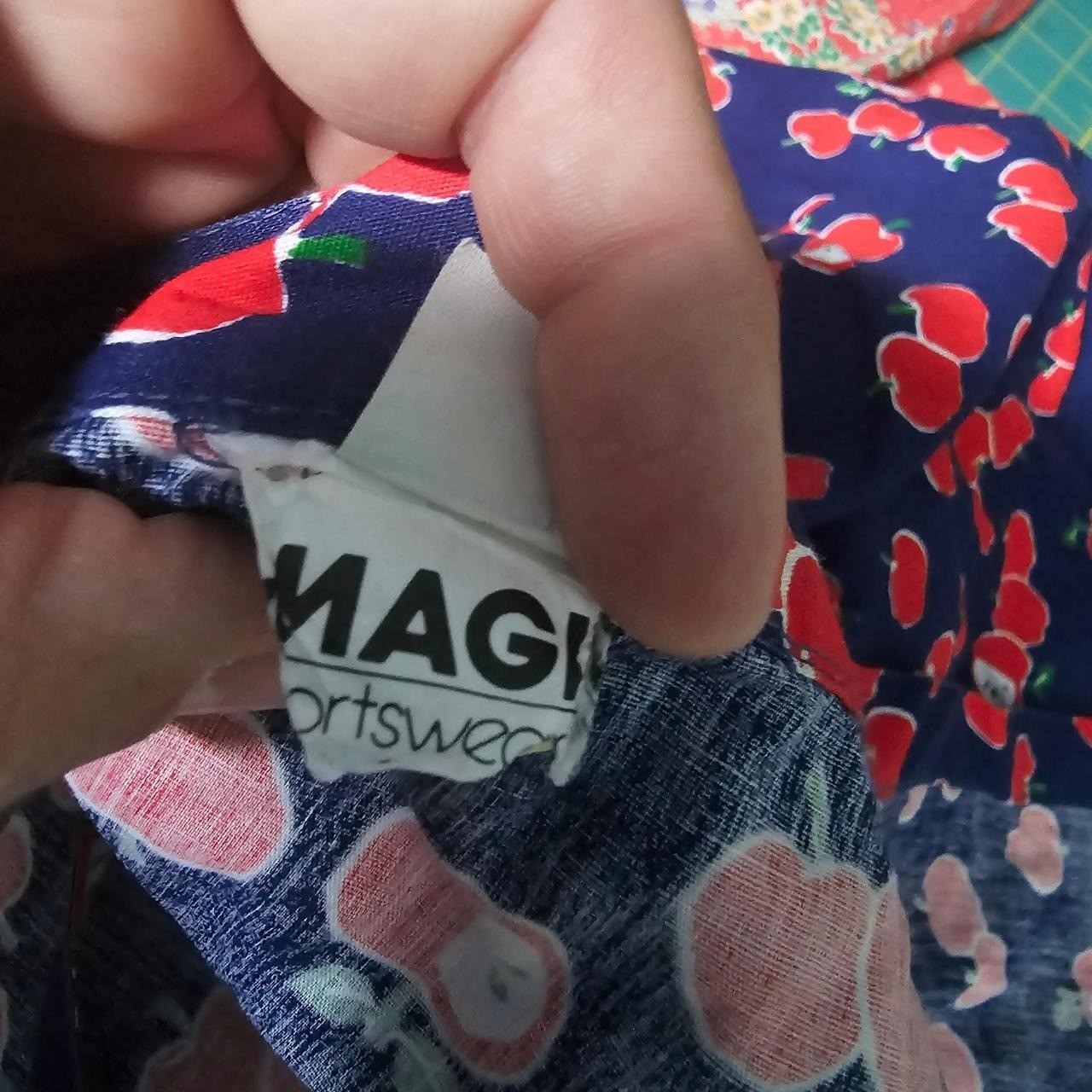 Vintage 1970s Wrap Skirt Navy Blue Red Apple Print Tie Closure Magic Union Label