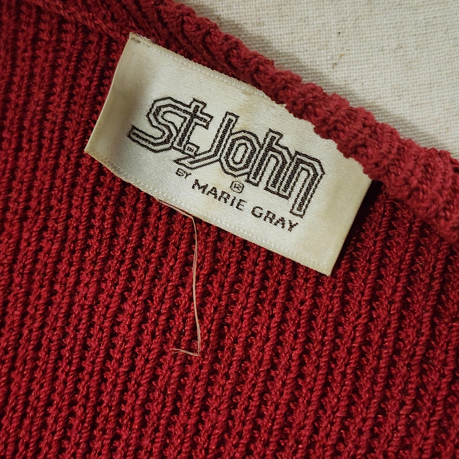 Vintage St John Marie Gray Red 3 Piece Knit Set Top Skirt Belt 60s Medium