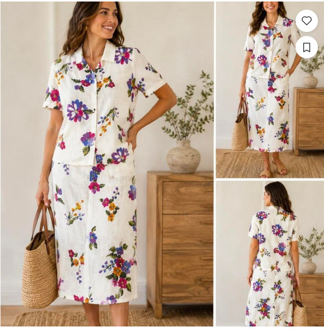 Vintage 90s Hot Cotton Floral Linen 2 Piece Matching Skirt Set M Made in the USA