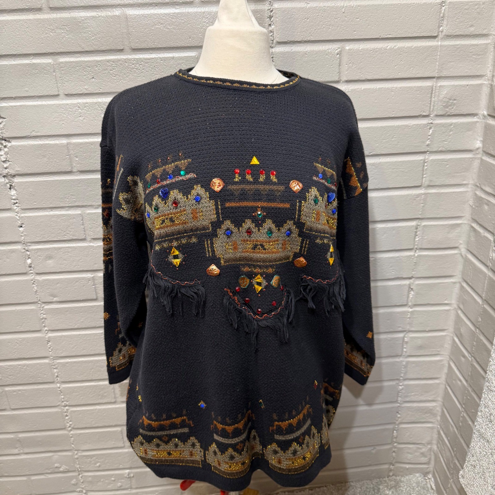 Vintage Dafna D&I Israel Jeweled Fringe Metallic Knit Sweater Med Black 80s 90s