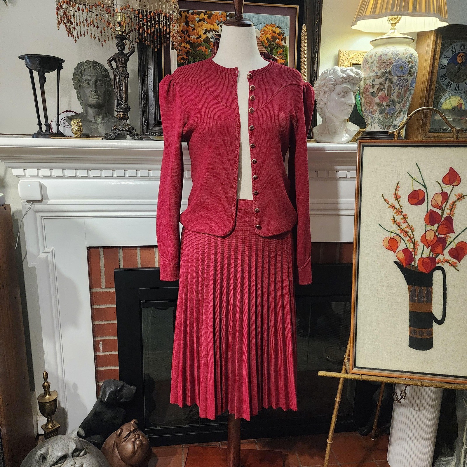 Vintage St John Marie Gray Red 3 Piece Knit Set Top Skirt Belt 60s Medium