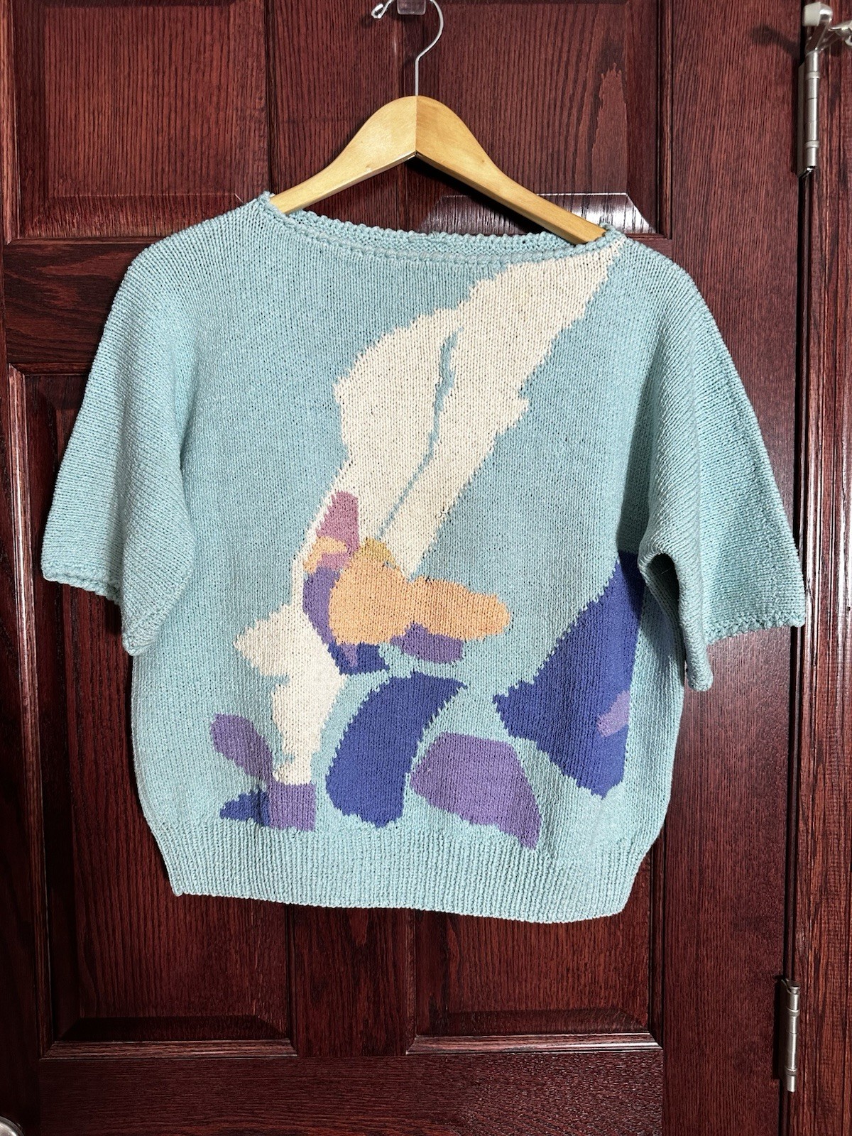 VTG Sweater 80s Intarsia Iris Floral Knit Boxy Short Sleeve Mint Seafoam Cottage