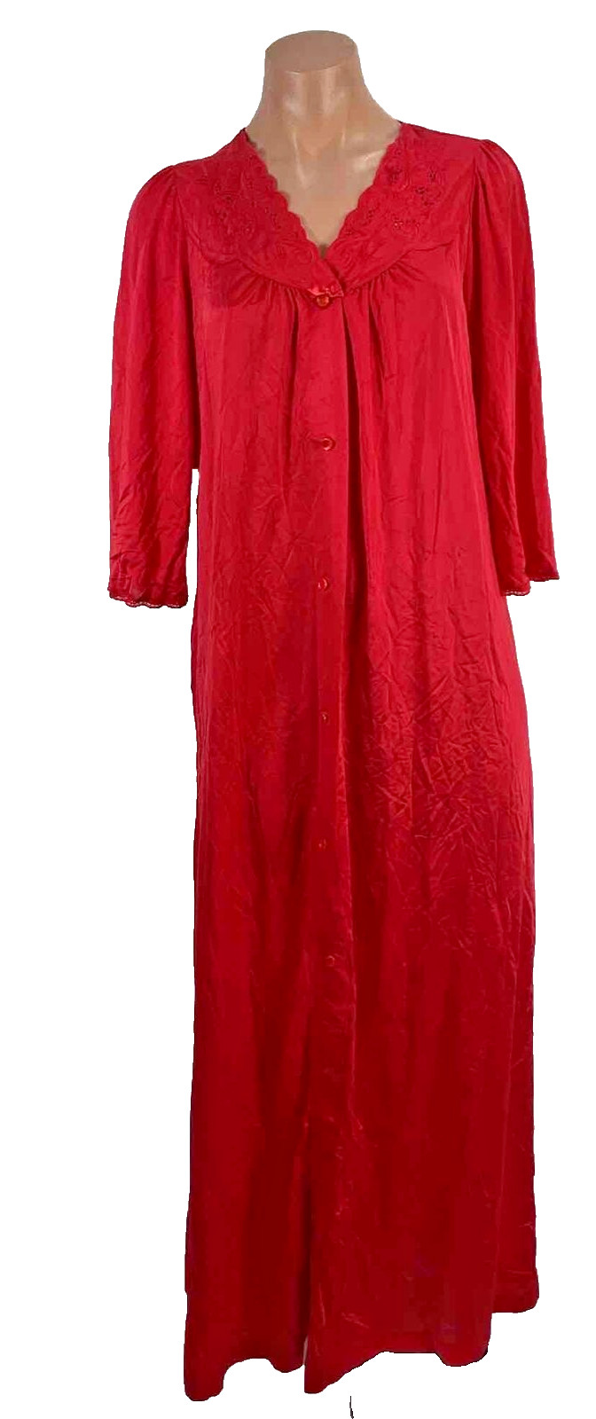 Vintage Shadowline ruby garnet red lace nylon robe negligee peignoir elegant S