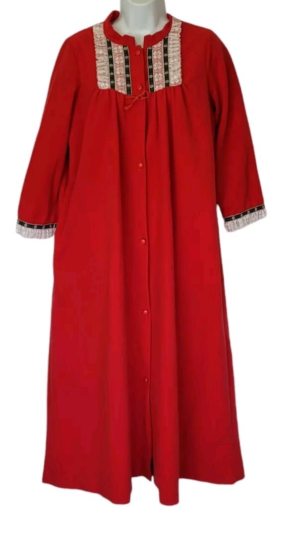 Lorraine Robe Womens S Red Vintage Flannel Maxi Lace Trim Full Button Pocket
