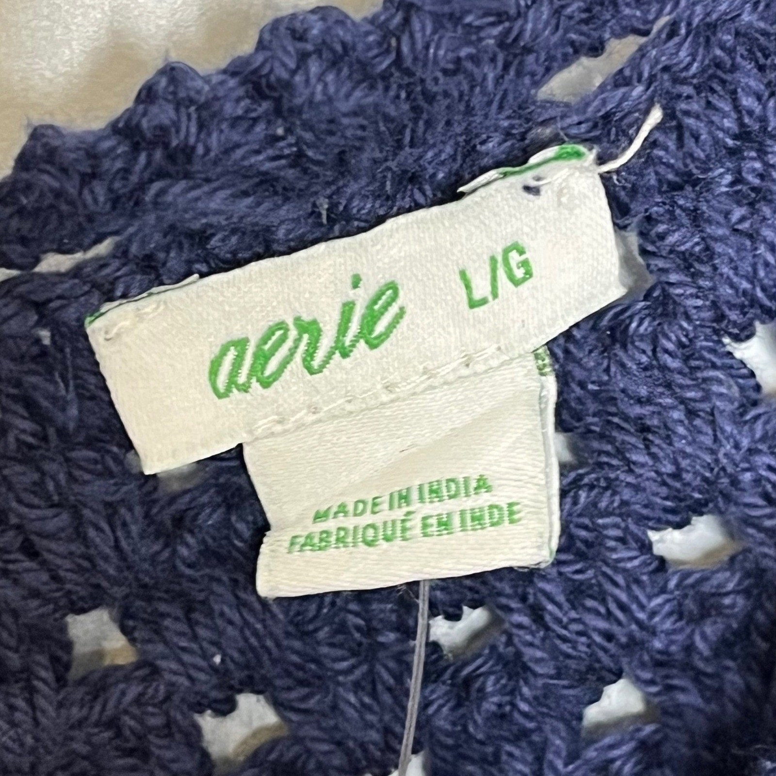 Aerie Crochet Granny Square Crop Top Navy Blue Balloon Sleeve Small Boho NWT