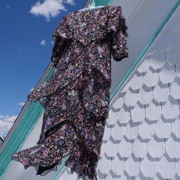 Vintage 80s dark floral silk flutter midi dress