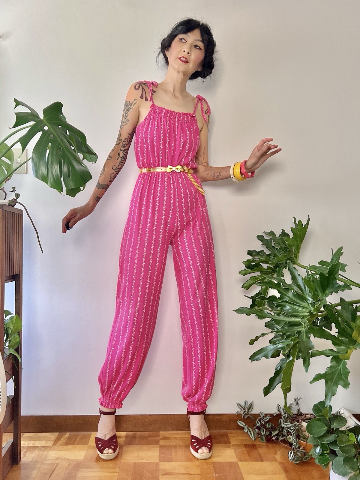vintage 70s Hot Pink Disco Jumpsuit Floral Stripe Tie Strap Boho Stretch XS S M