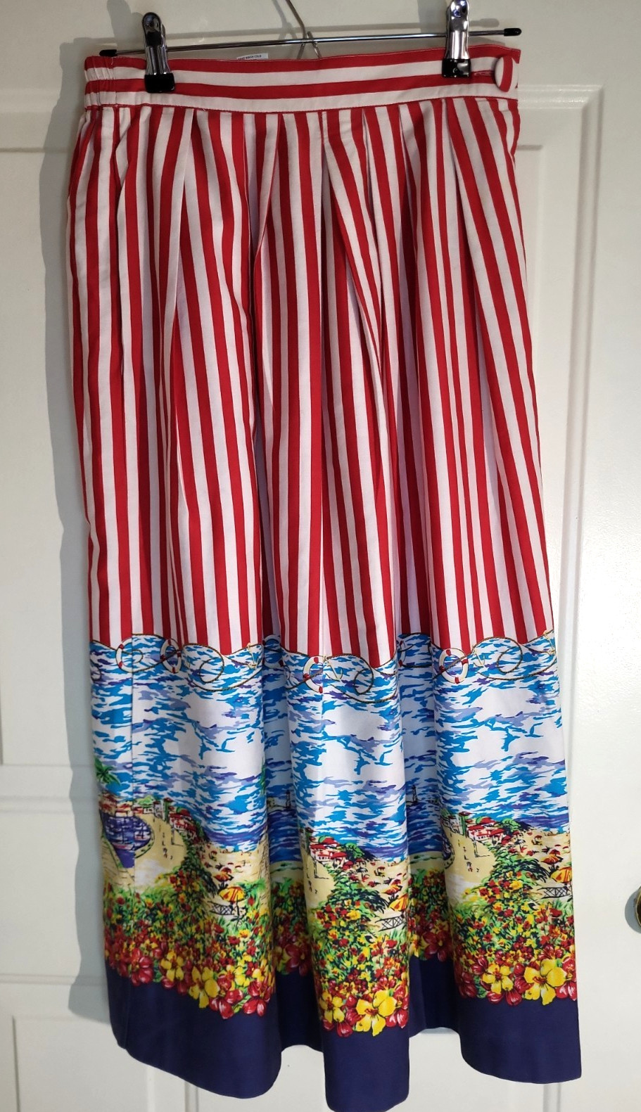 Vintage Suburbans Red White Striped Tropical Beach Border Scene Midi Skirt 6