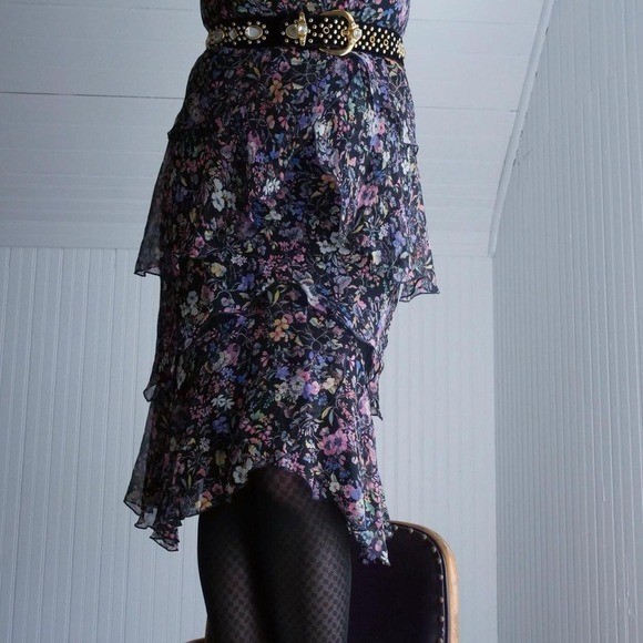 Vintage 80s dark floral silk flutter midi dress