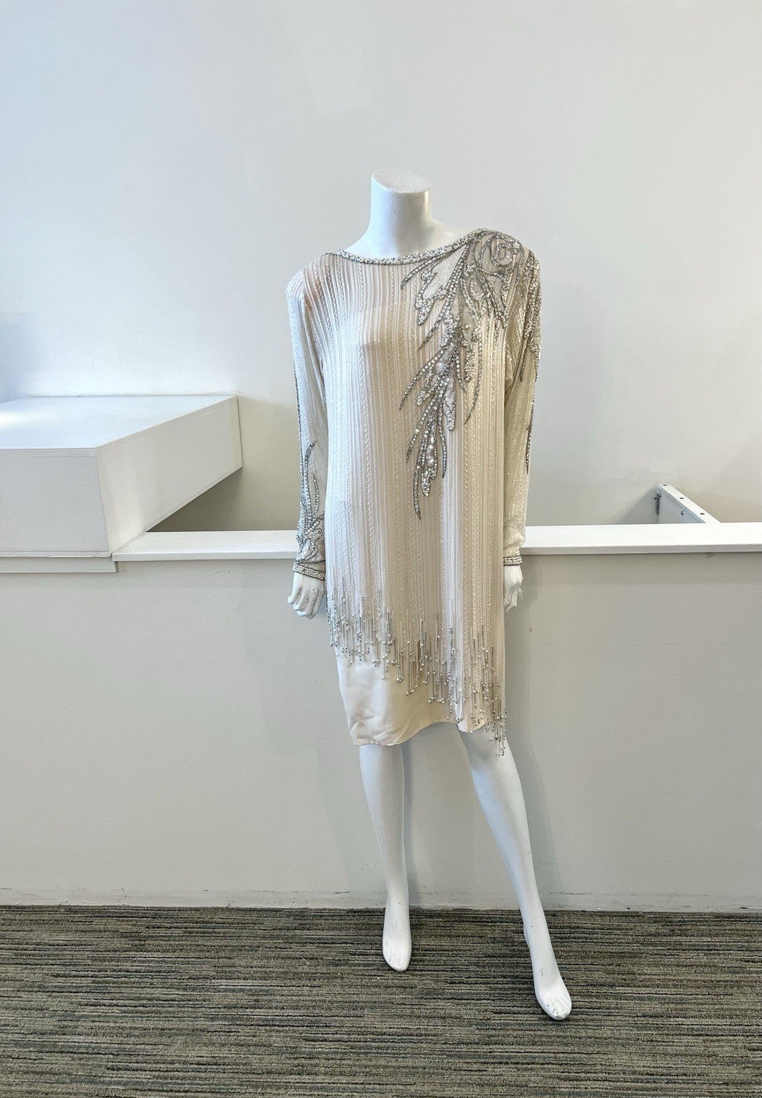 1980s BOB MACKIE Cream & Silver Beaded Silk Evening Dress Size 12