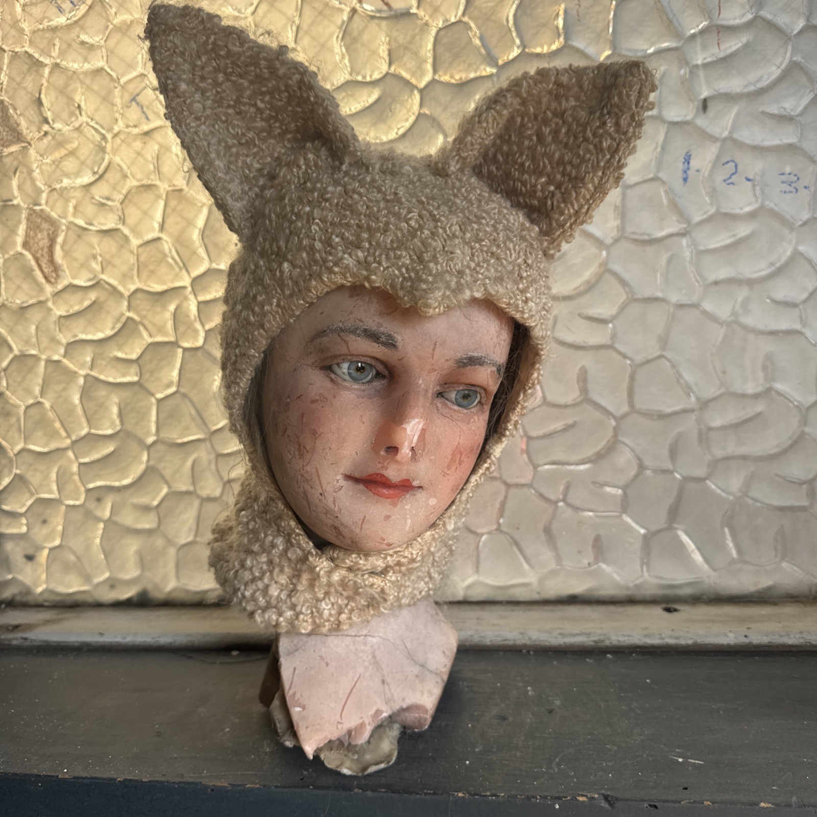 Vintage 1930s 1940s Blonde Curly Mohair Cat / Lamb Outfit Suit & Headpiece Hat
