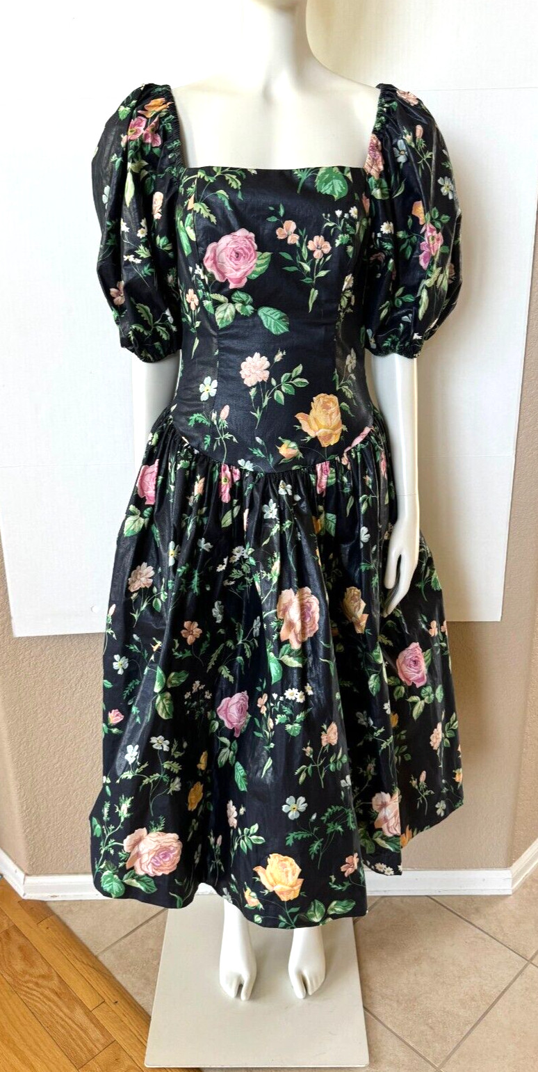 Vintage 80s Cottage Core Black Floral Prom Party Dress S G Gilbert Net Slip Sz 6