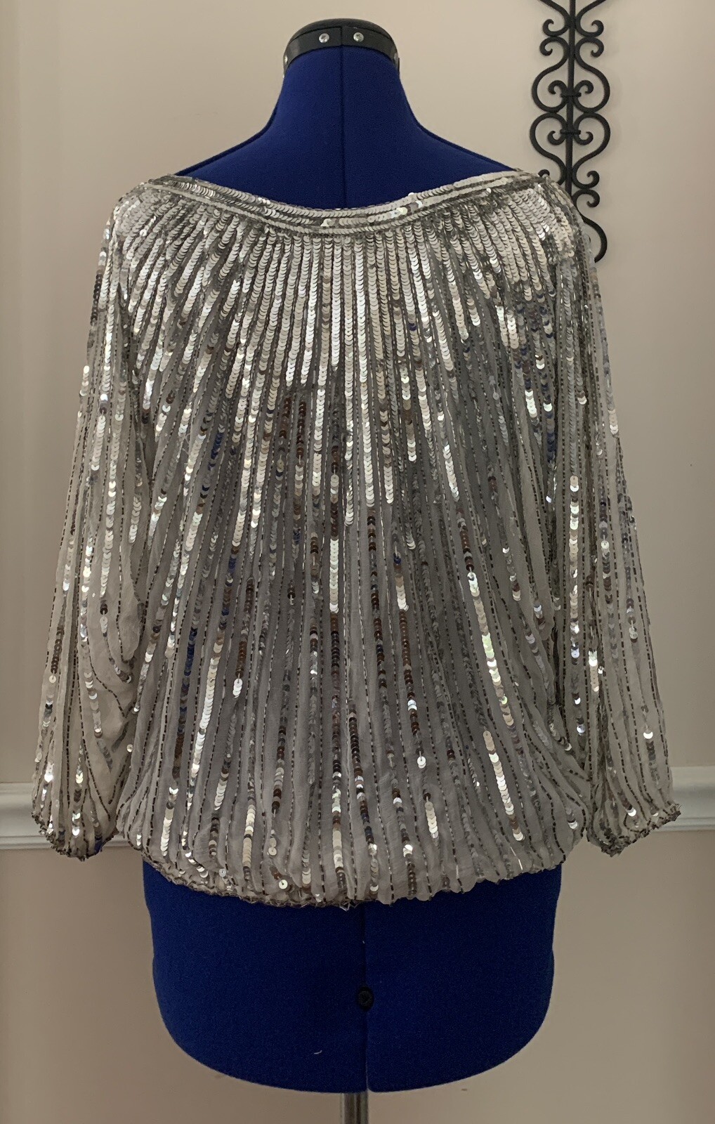 Vintage Three Flaggs 100% Silk Beaded Sequin Top Silver Color Size M