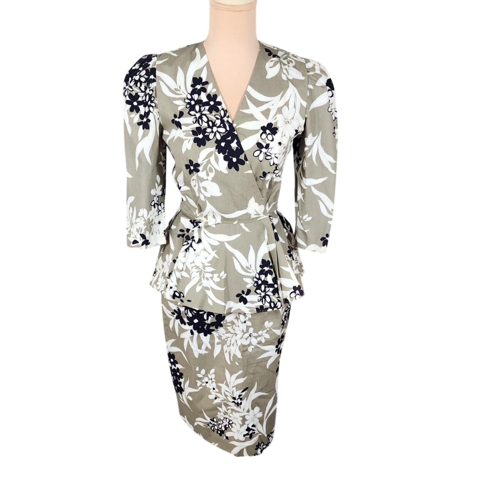 Vtg 80s Gray Green Floral Peplum Wrap Top and Pencil Skirt Set Sz 5/6 Wedding