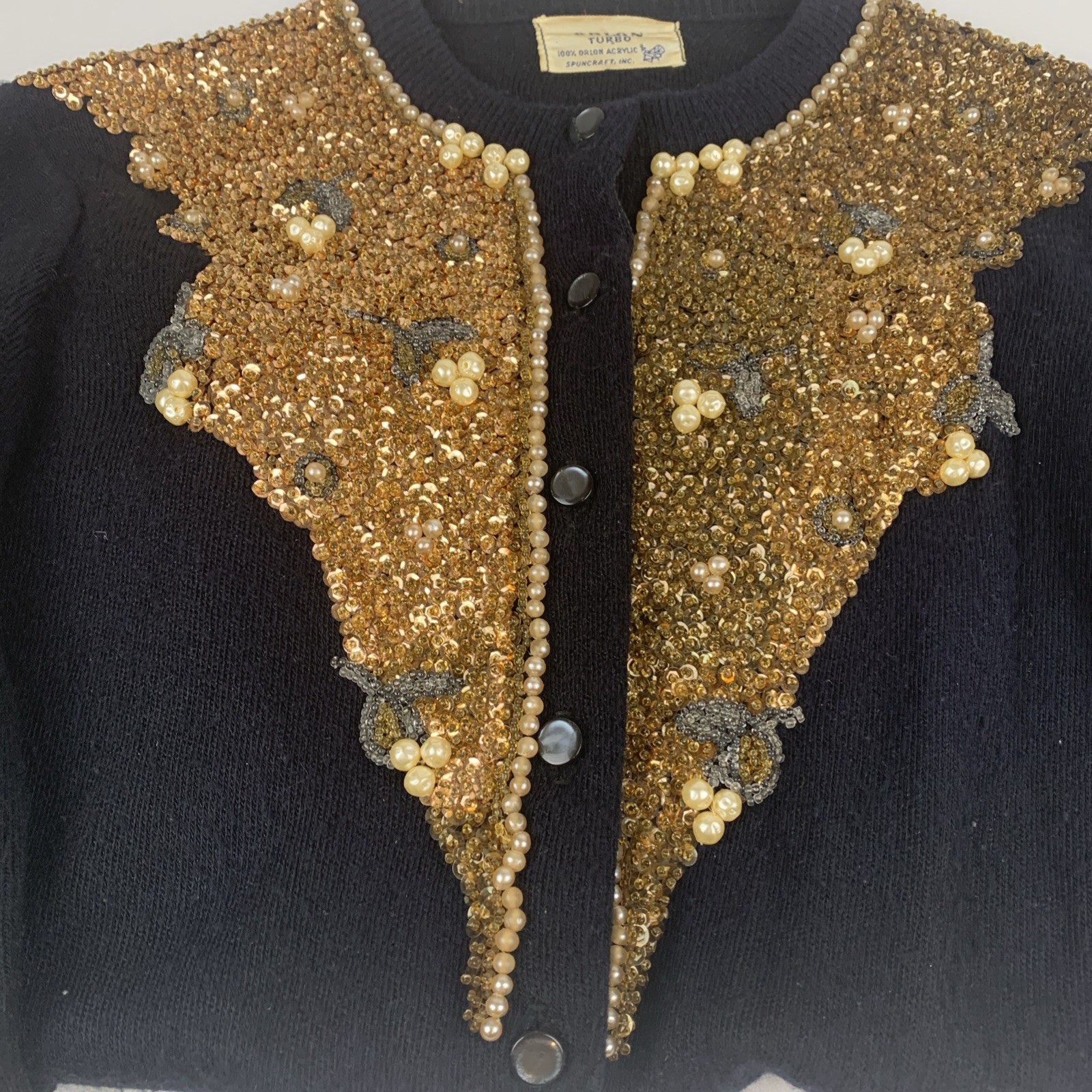 1960’s Orlon Turbo By Spuncraft Inc Black Sweater Gold Sequins, Small Sparkly