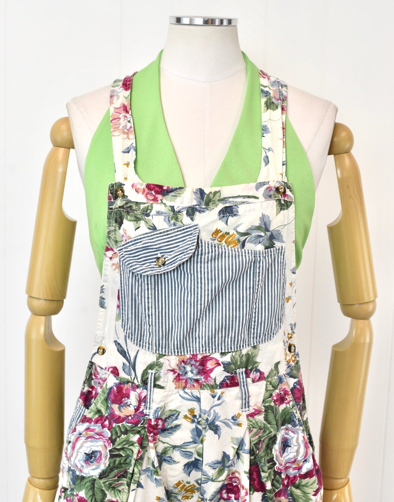 Vintage 1990s Rose Floral Print White Cotton At Last Romper Overalls Shorts