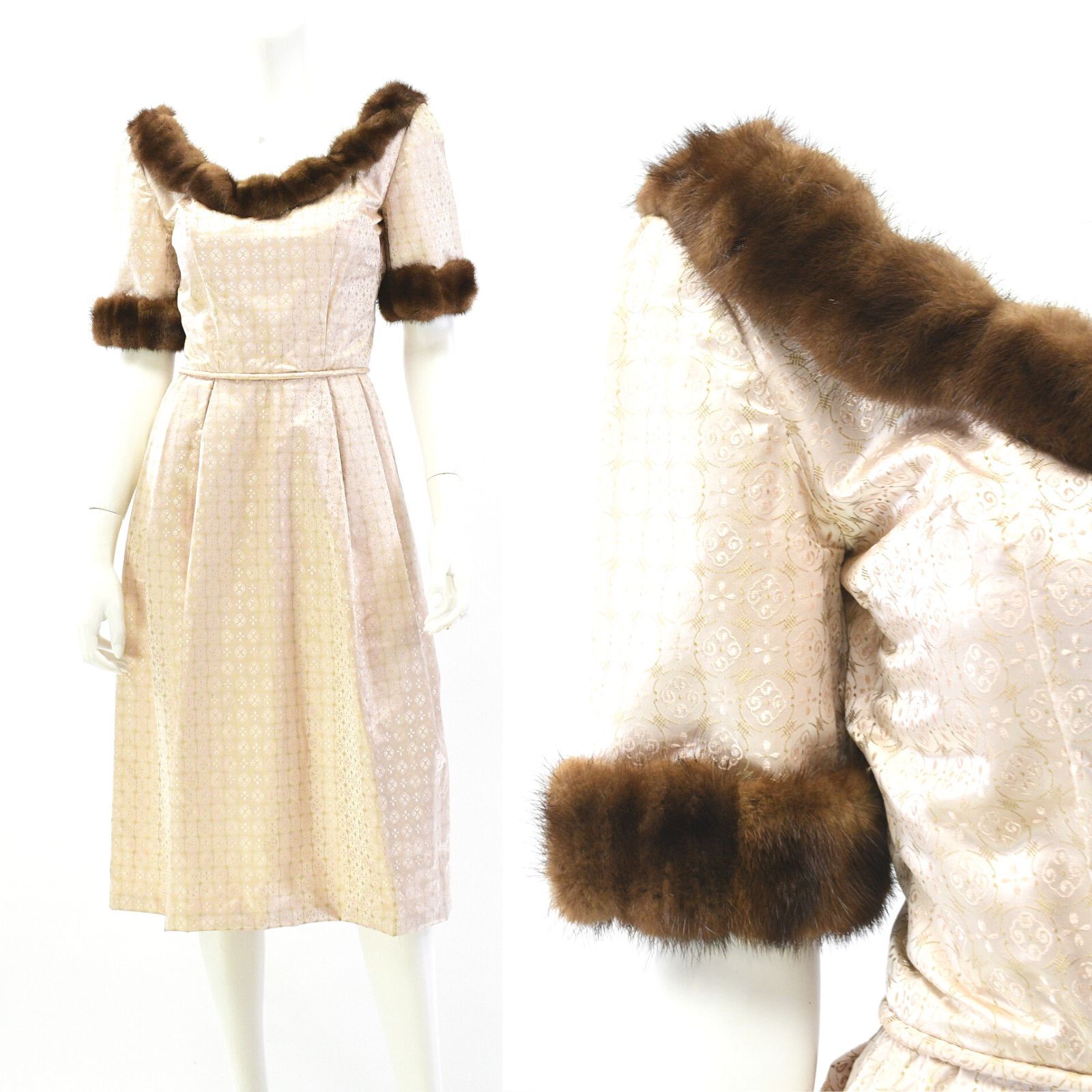 60’s Vintage Women’s 2XS Tapestry Fabric Dress Fur Trim Handmade
