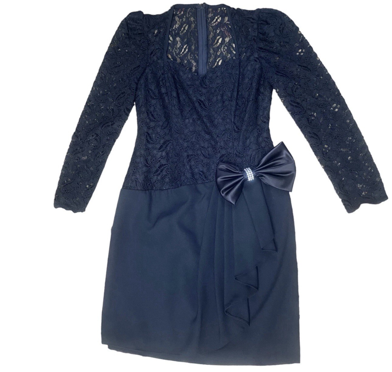 Vtg 1980’s Evenings by Pantagis Dress Black Lace Long Sleeve Rhinestone Bow 9/10