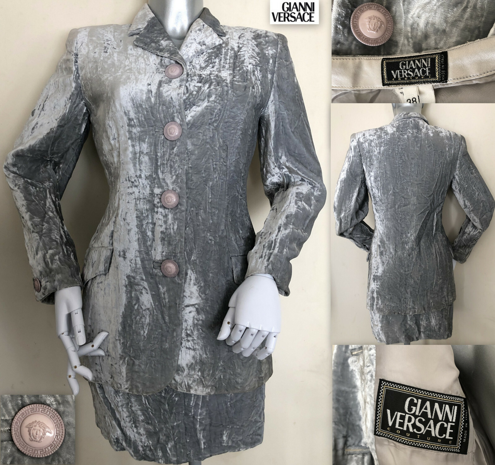 Gianni Versace Vintage 90s Very Rare Crushed Velvet Skirt Suit IT 38 UK 6-8