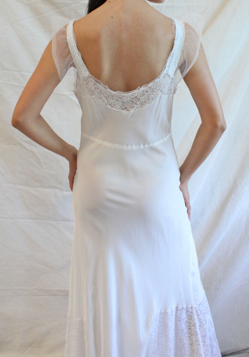 1940s Lace & Bows Tulle Slip Dress Gown Vintage Lounge Evening White Blue Bridal