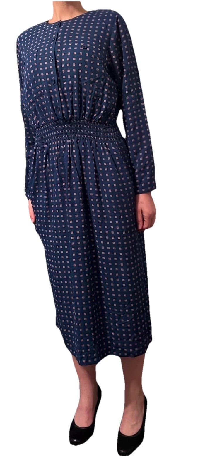 Vintage Dress Medium Blue Red Geometric 80s Does 40s Geek Chic Librarian