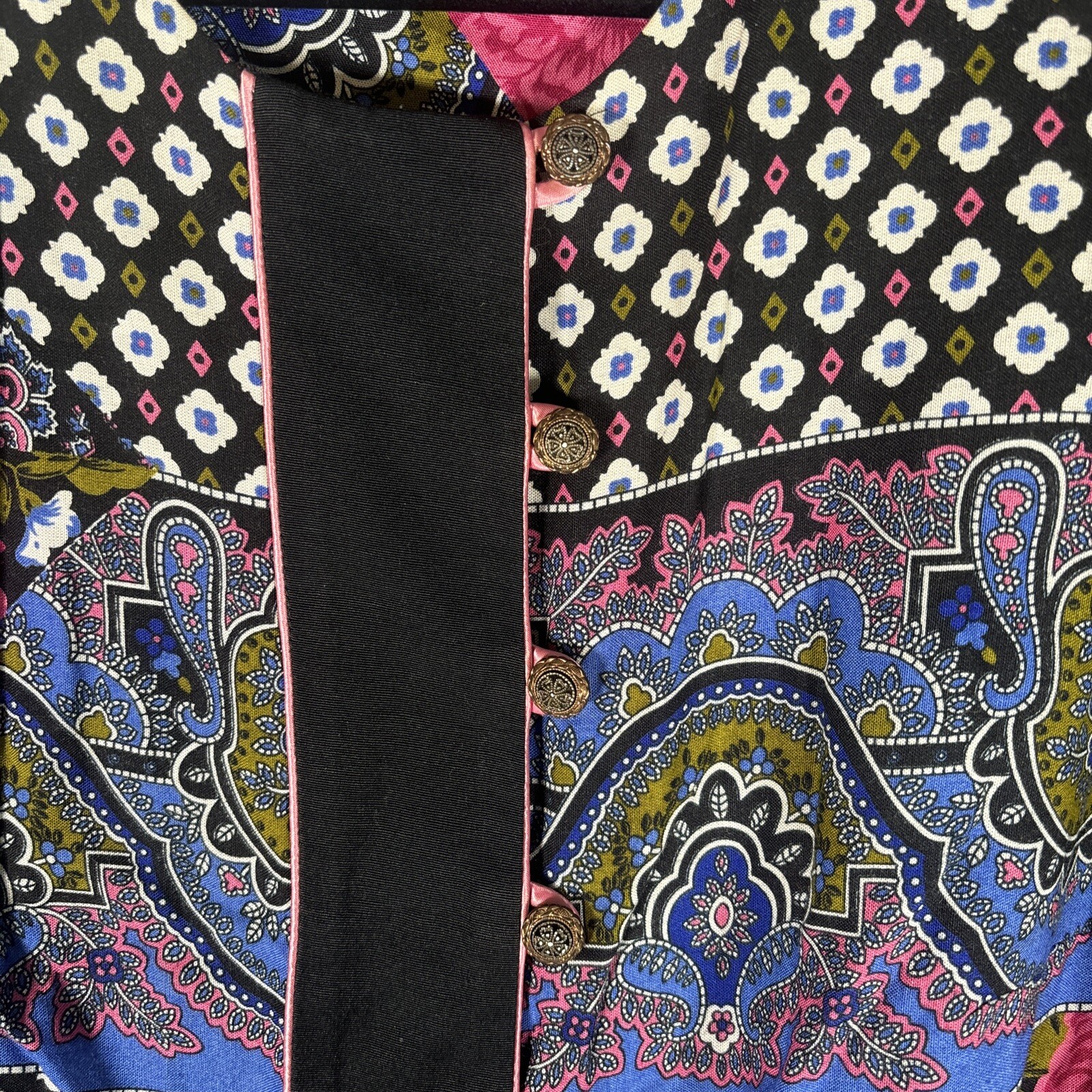Vntg Lady Carol Of New York Blouse Button Up Paisley Floral Black Shoulder Pads