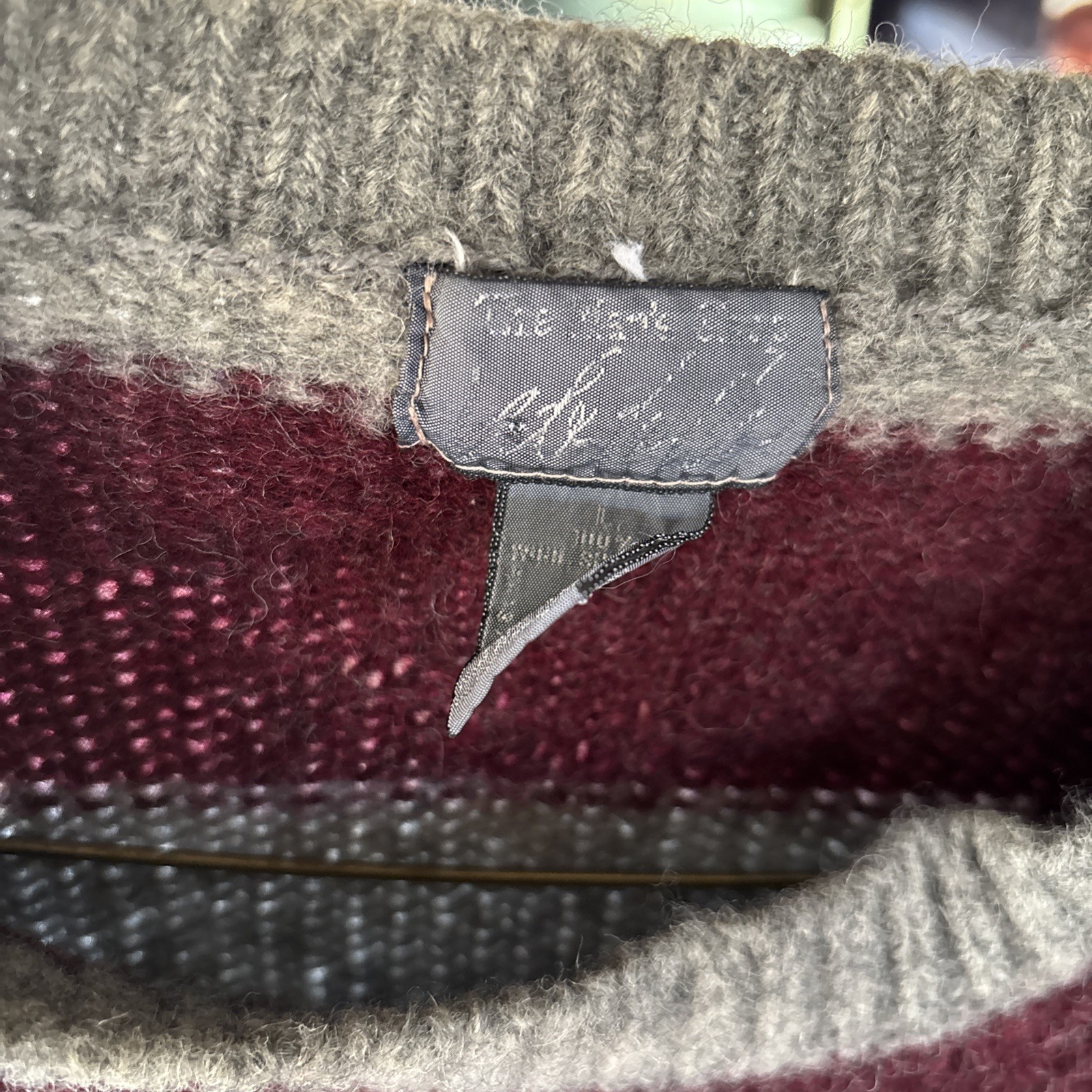 Vintage Striped Wool Knit Crew Neck Sweater Sz small- Burgundy/Gray