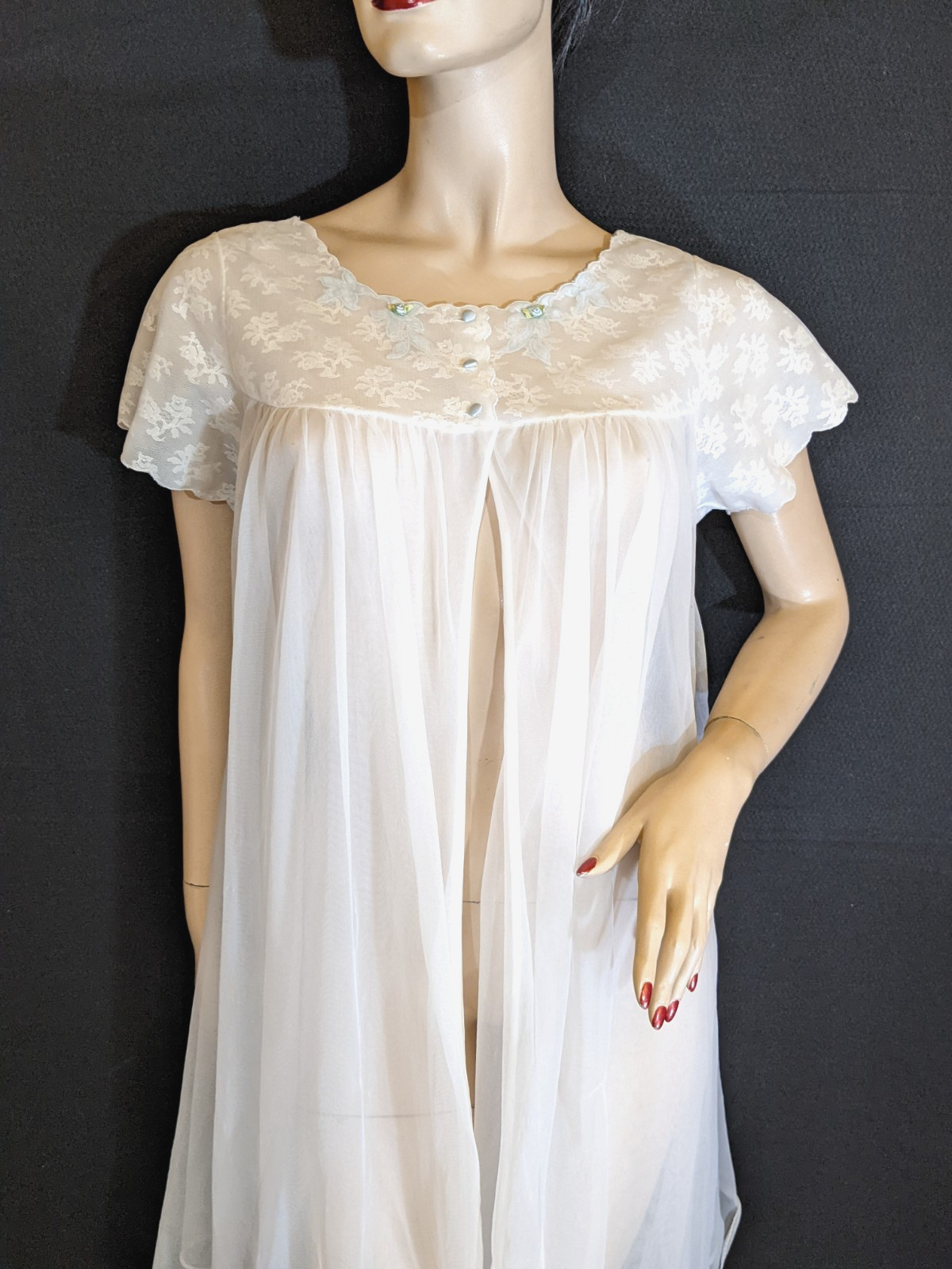 VTG SEARS Chiffon Floral Lace Peignoir Dressing Gown Robe Satin Babydoll Style L