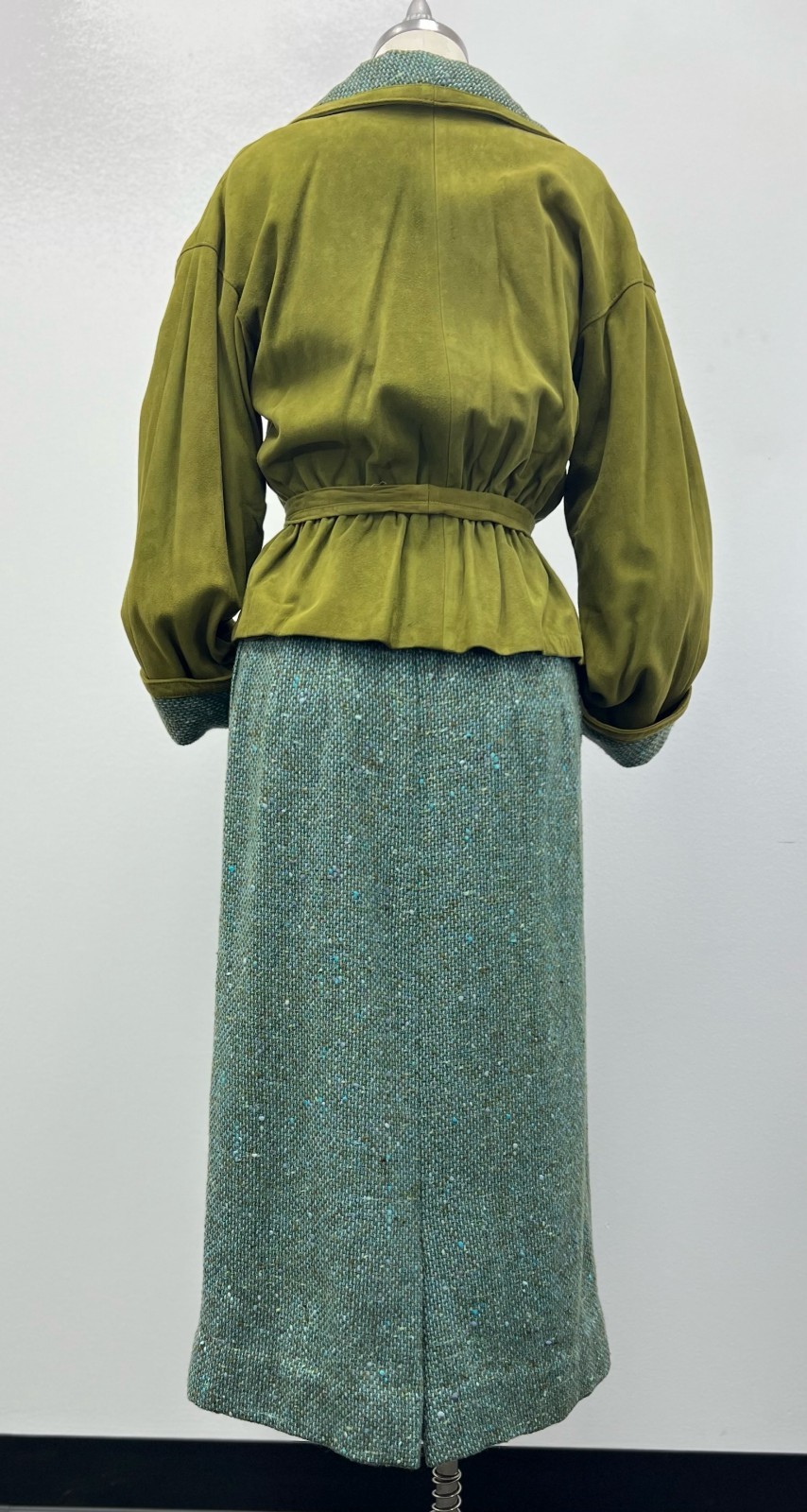 1960s VTG Leathervane Bonnie Cashin Designs 2pc Suit Pea Green Suede & Turq Wool