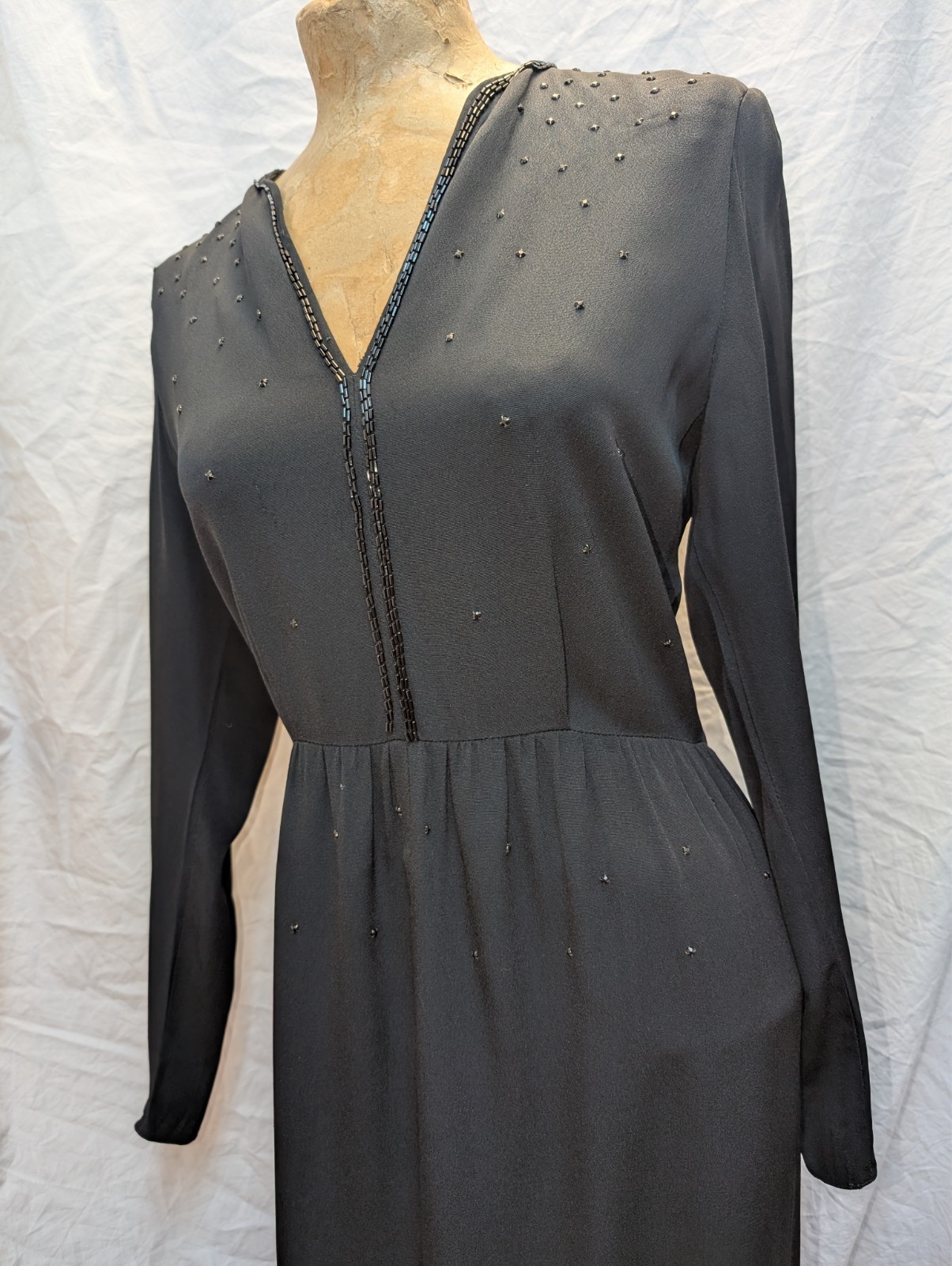 1980s 40s Style Black Rayon Beaded Dress St. Gillian Kay Unger Size S