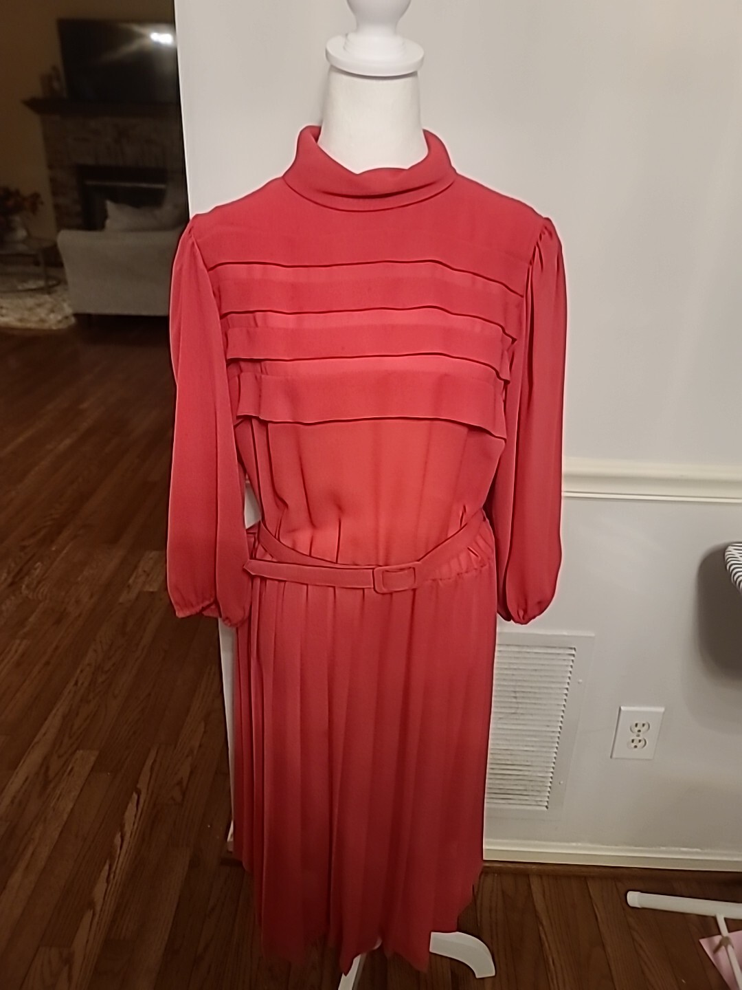 Amy Deb Vintage 70’s Midi Dress Puff Sleeves Secretary Day Dress Size 16 Pink
