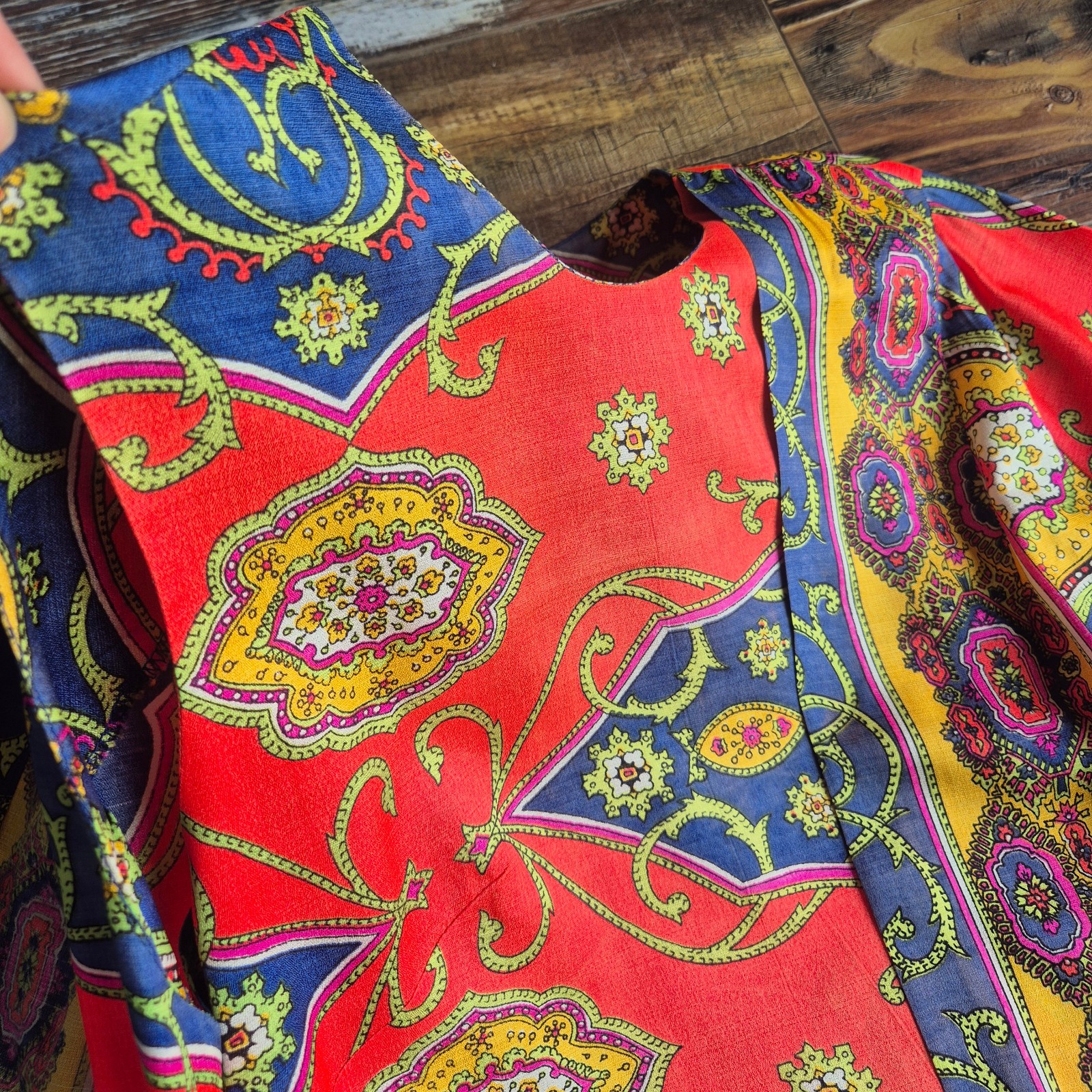 Vintage Lounge Craft Neon Psychedelic Maxi Hostess Kaftan Robe Dress Attached S