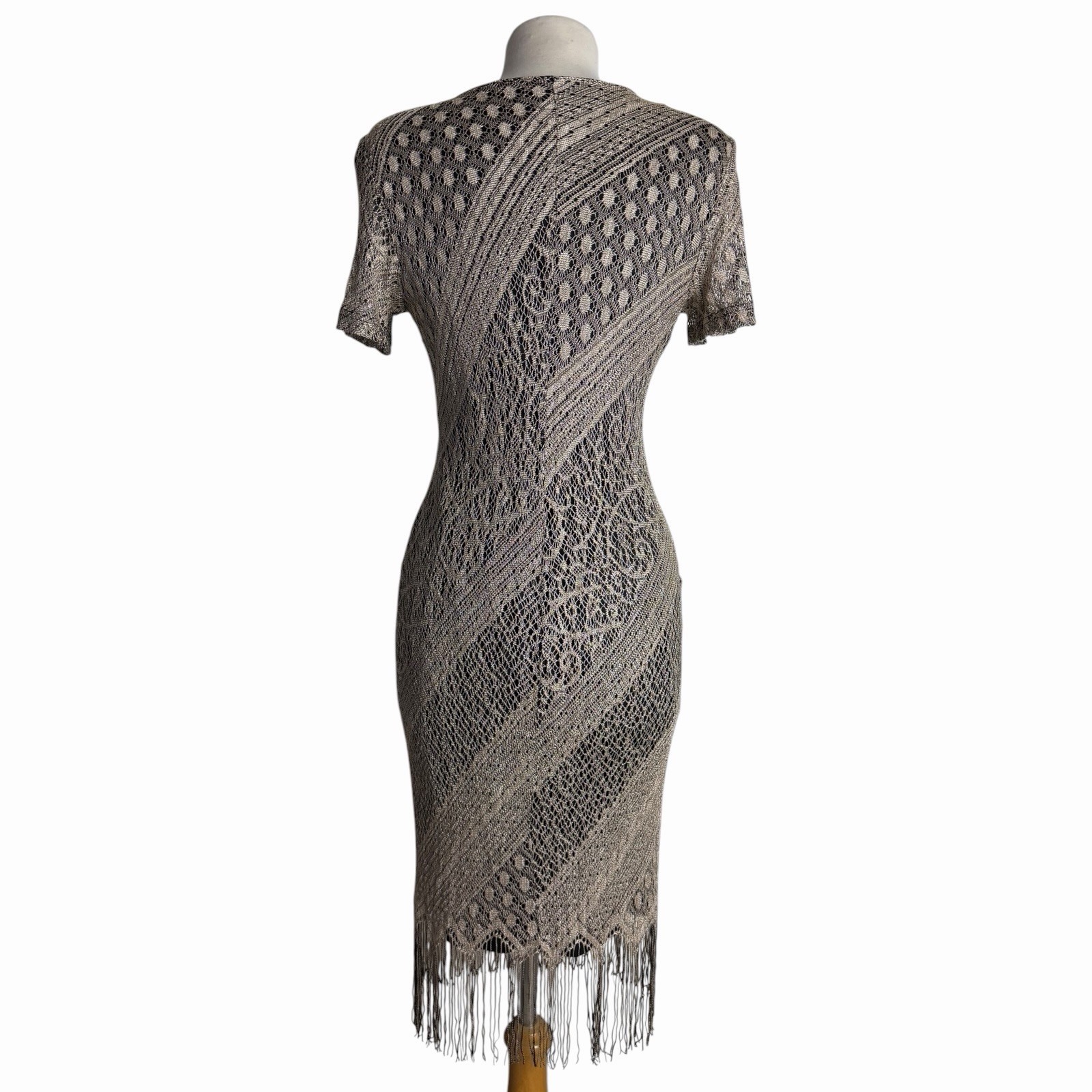 Vintage 90s Gold Sheen Crochet Lace Fringe Flapper Dress Pointelle Mesh Small