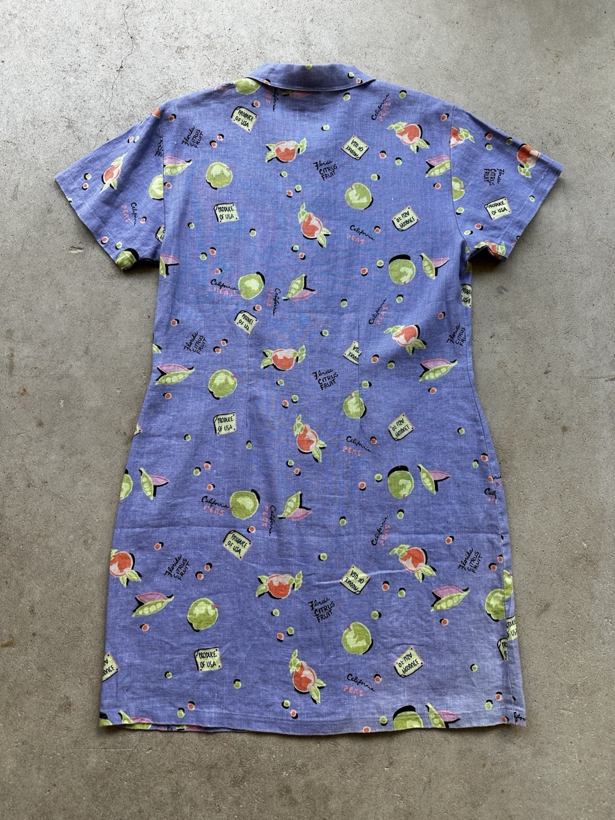 Vintage 90s Linen Novelty Citrus Fruit Shirt Dress Purple Button Front Kiko S M