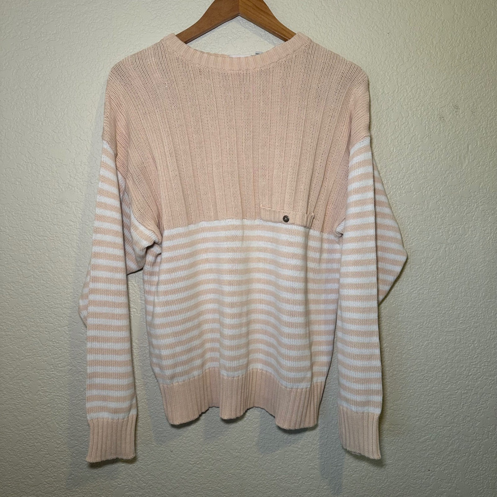 Vintage Avon Fashions Women L Knit Sweater 100% Cotton Pink Stripe Spring Boho