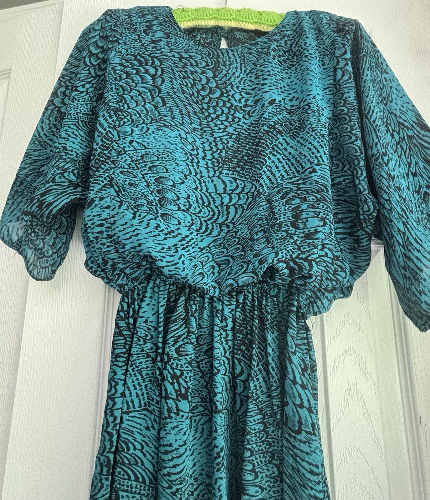 Vtg POSITIVE ATTITUDE 80’s Dress Teal W/ Black Feather Print Shoulder Pads Sheer