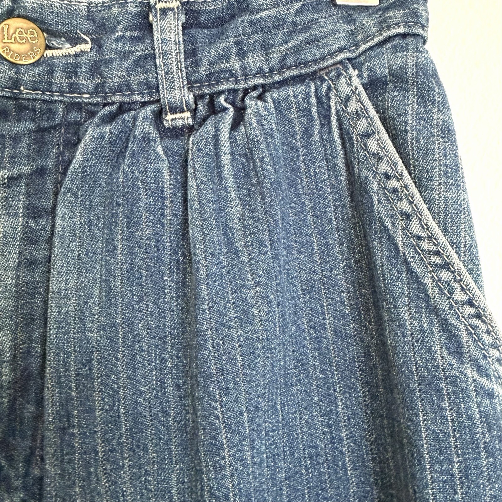 Vtg 80s Lee High Waist White Pinstripe Denim Mom Jean Tapered Pleated Barrel 7